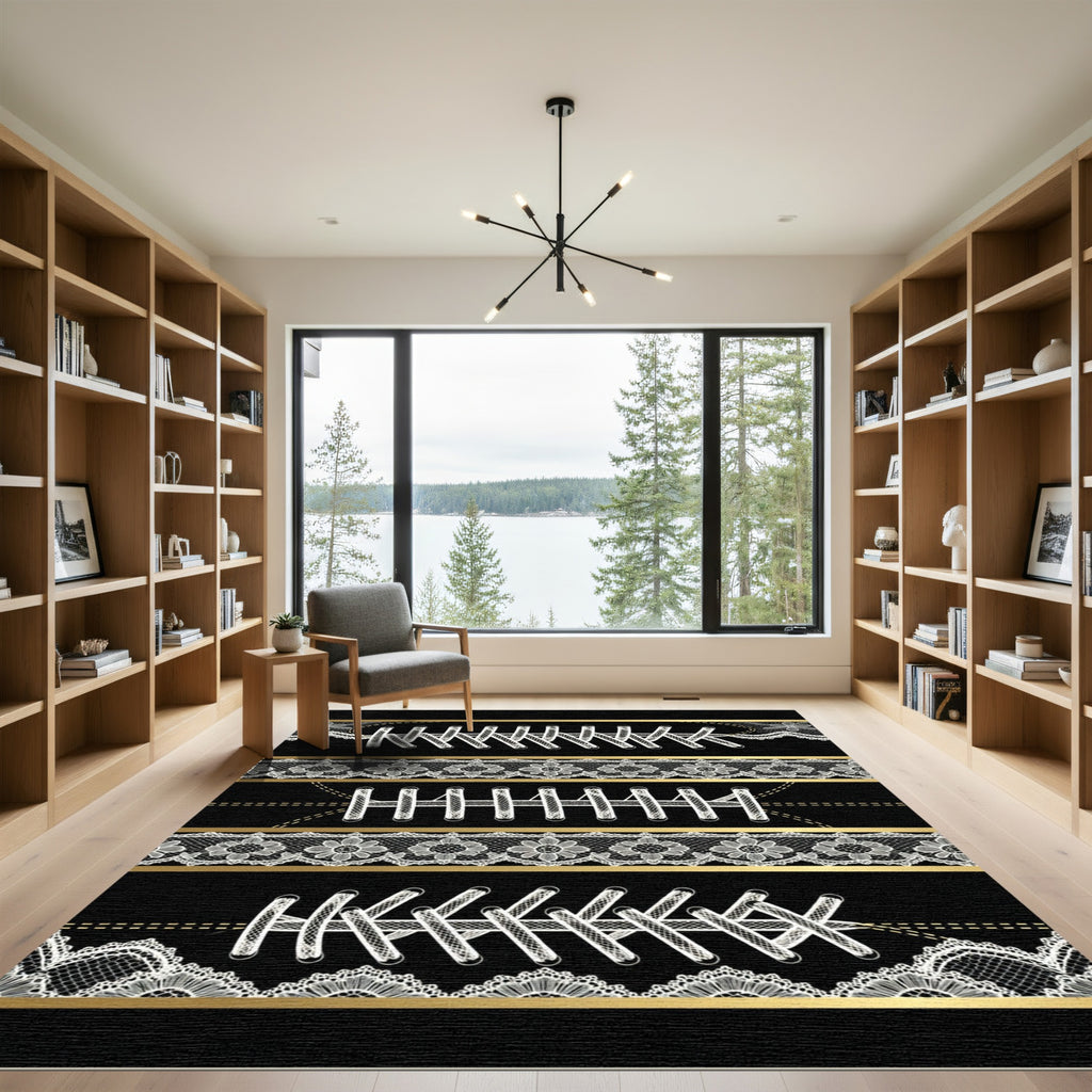 Black Lace and Gold Ribbon Aesthetic Rug