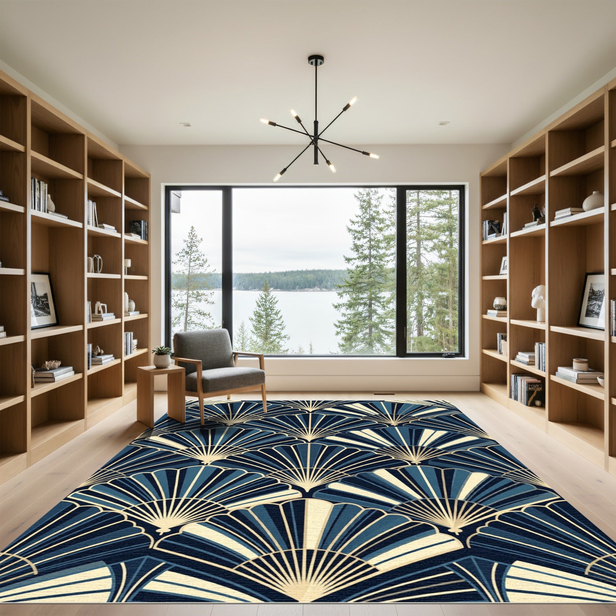 Art Deco Navy Gold Shell Fan Rug