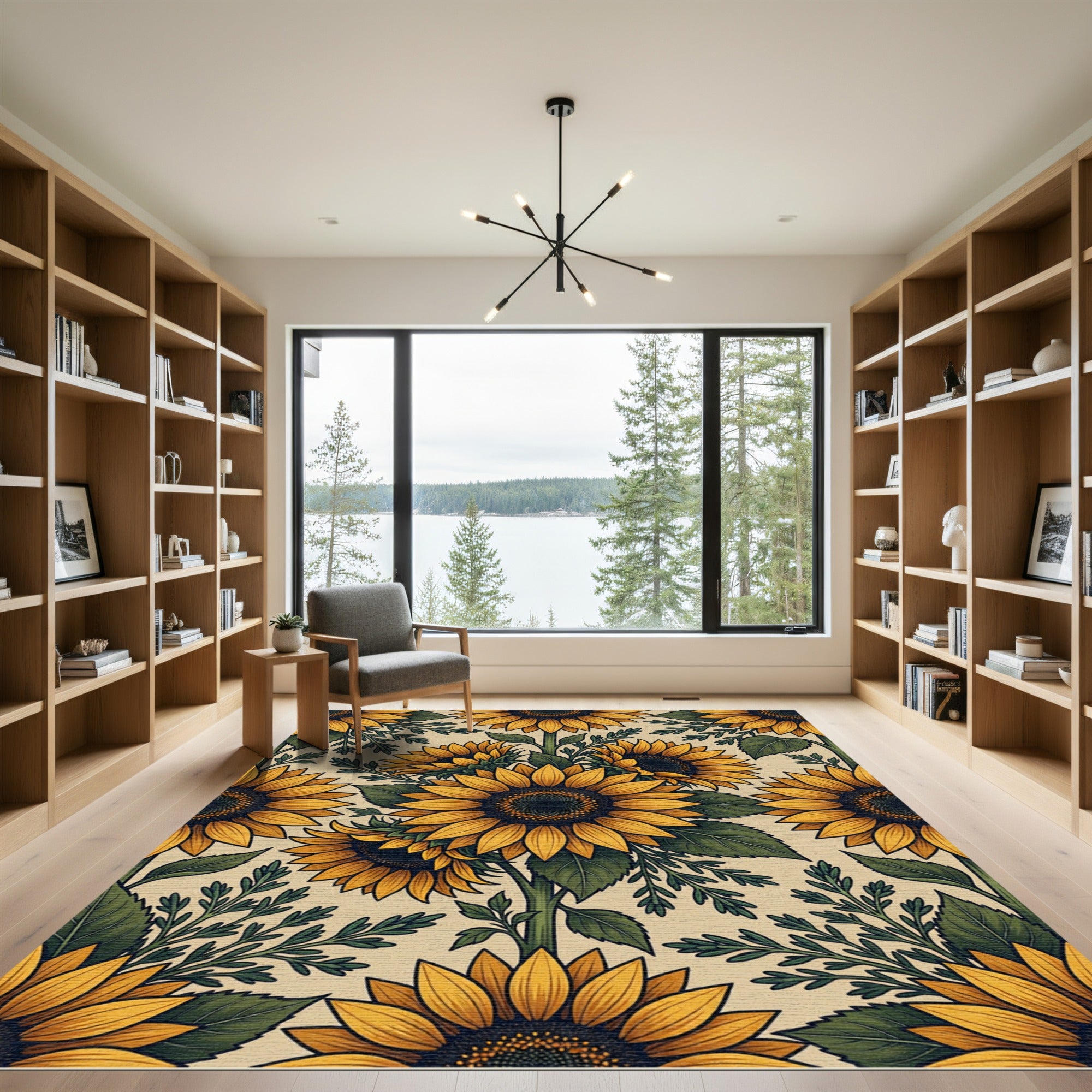 Vibrant Sunny Sunflower Botanical Illustration Rug