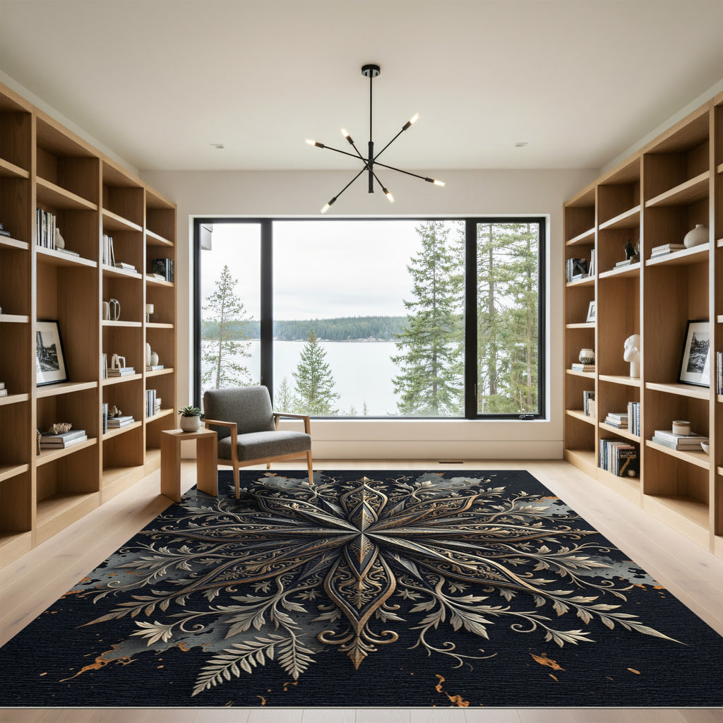 Ornate Gold Filigree Starburst Medallion Rug