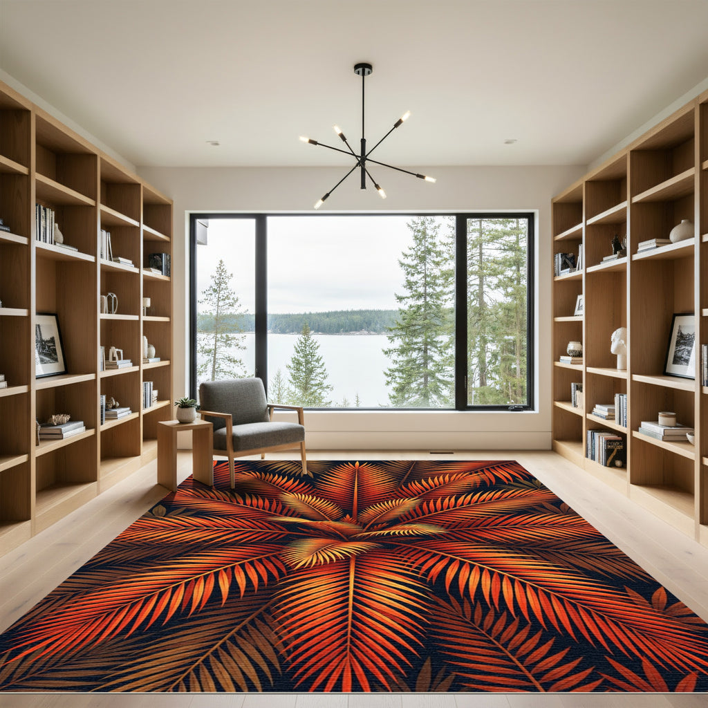 Fiery Orange Palm Leaf Arrangement Rug