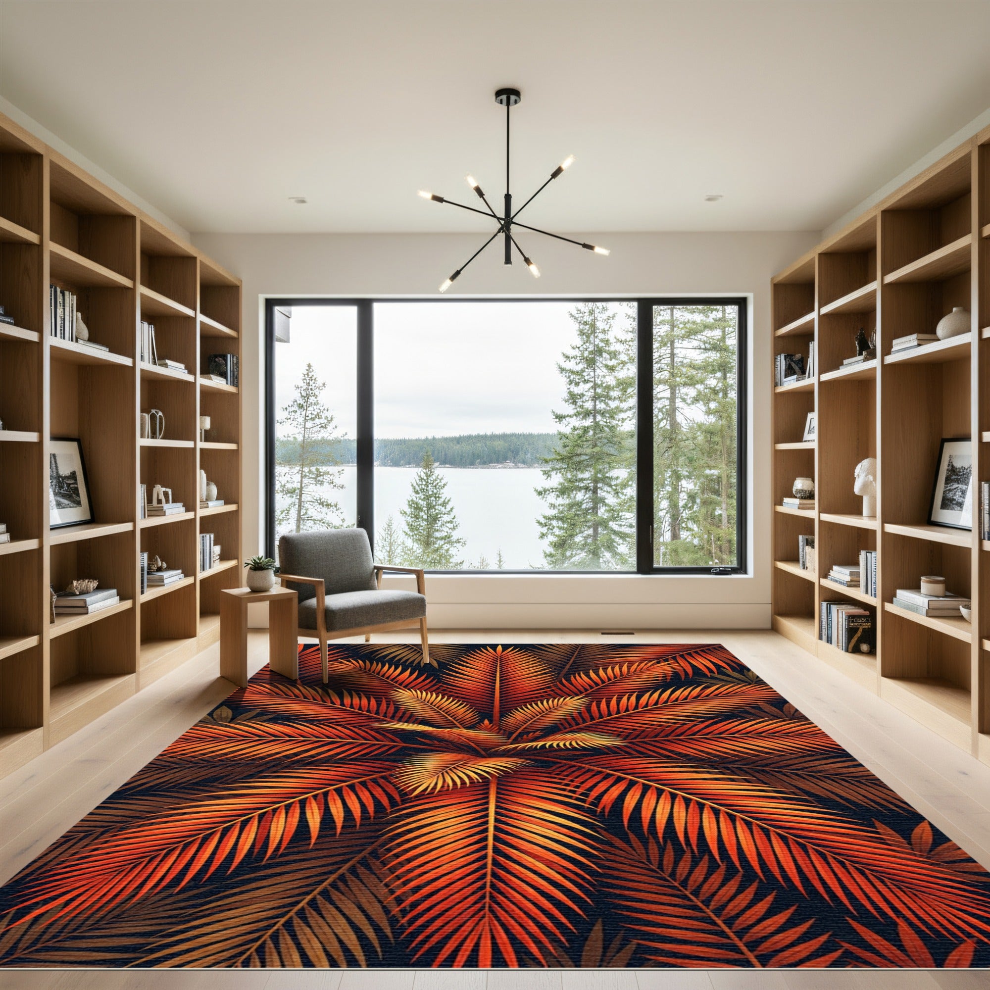 Fiery Orange Palm Leaf Arrangement Rug