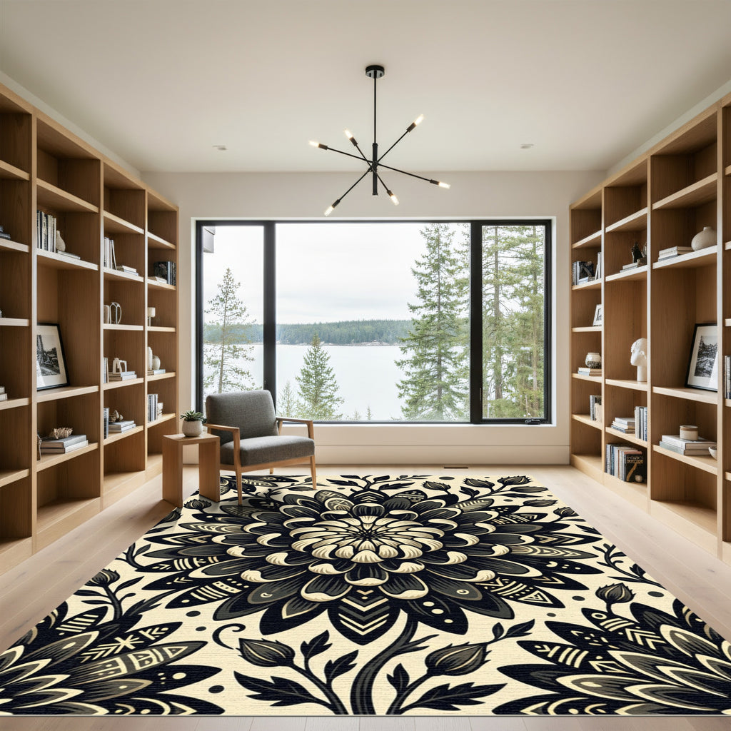 Elegant Monochrome Floral Folk Bloom Rug