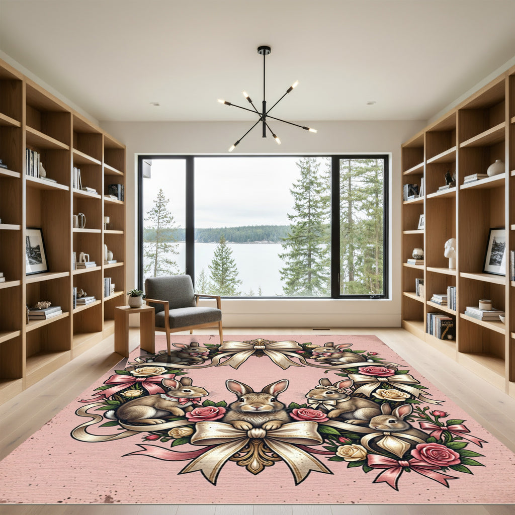 Elegant Pastel Pink Bunny Floral Wreath Rug