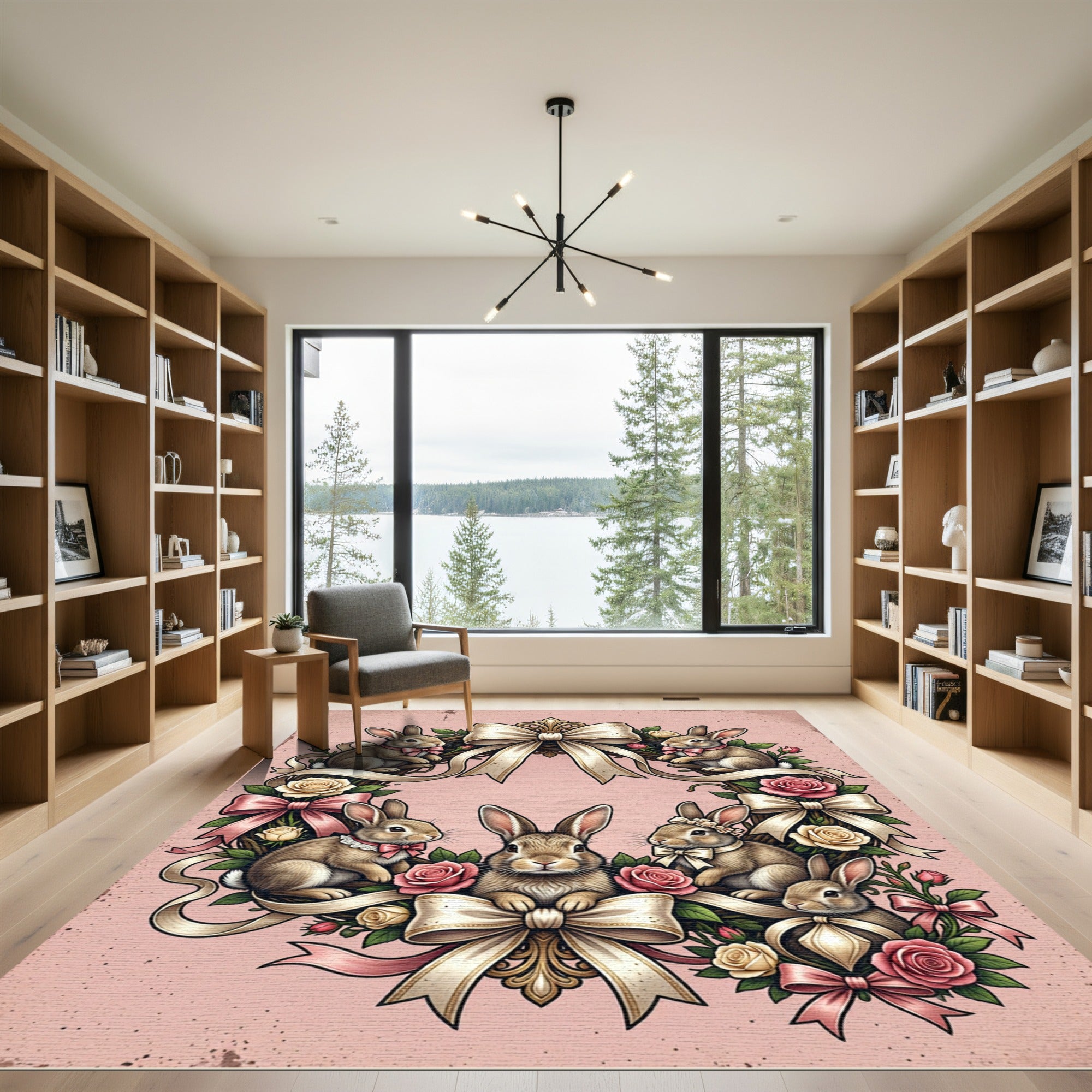 Elegant Pastel Pink Bunny Floral Wreath Rug