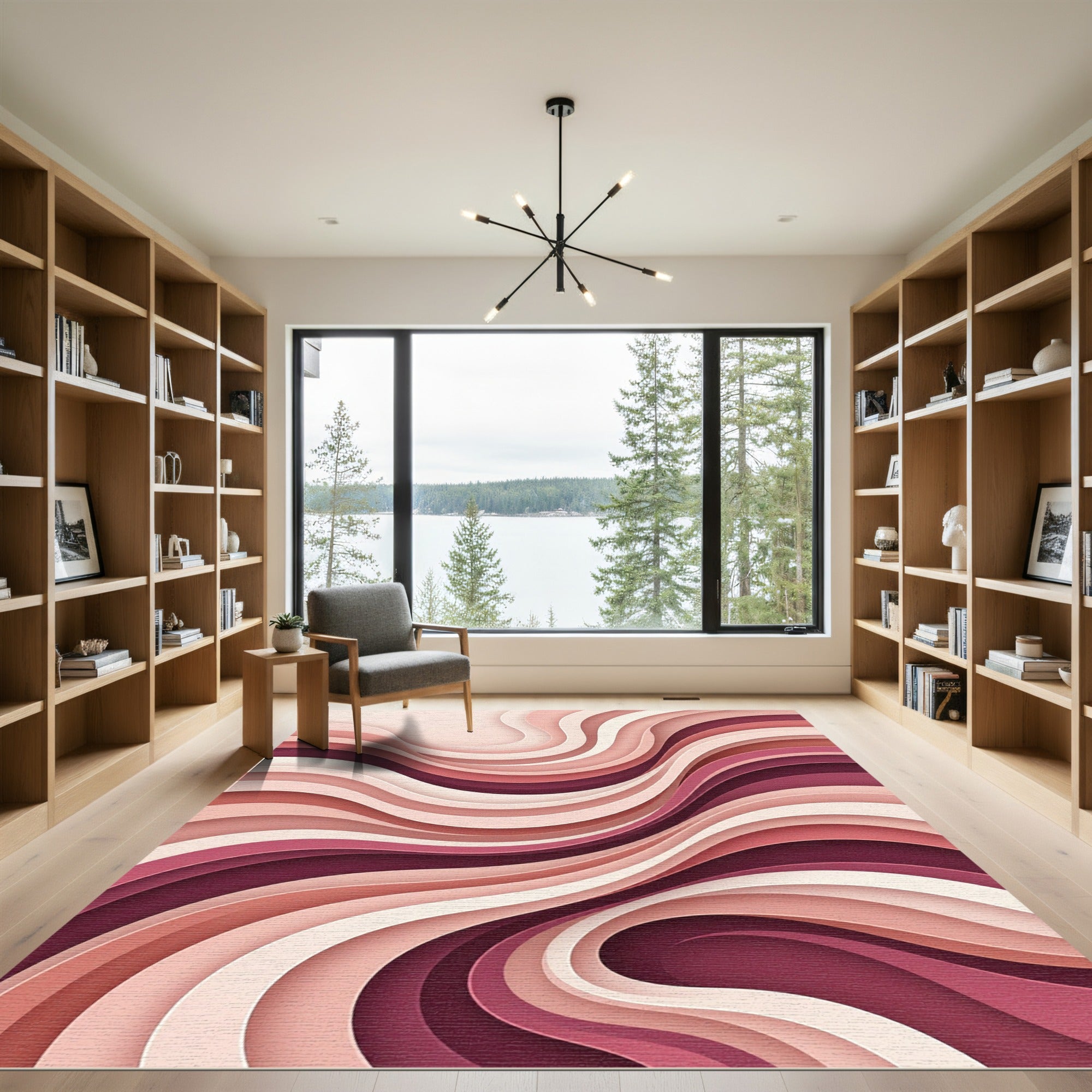 Modern Blush Rose Layered Abstract Wave Rug