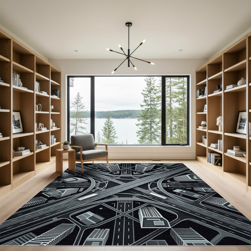 Monochromatic Architectural Grid Cityscape Rug
