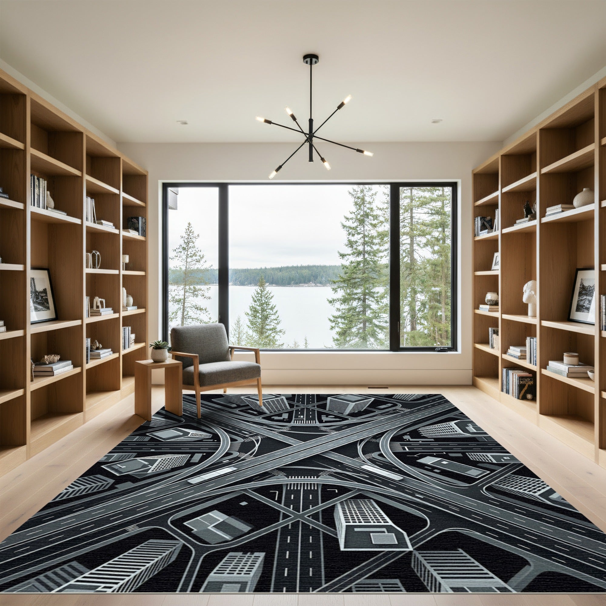 Monochromatic Architectural Grid Cityscape Rug