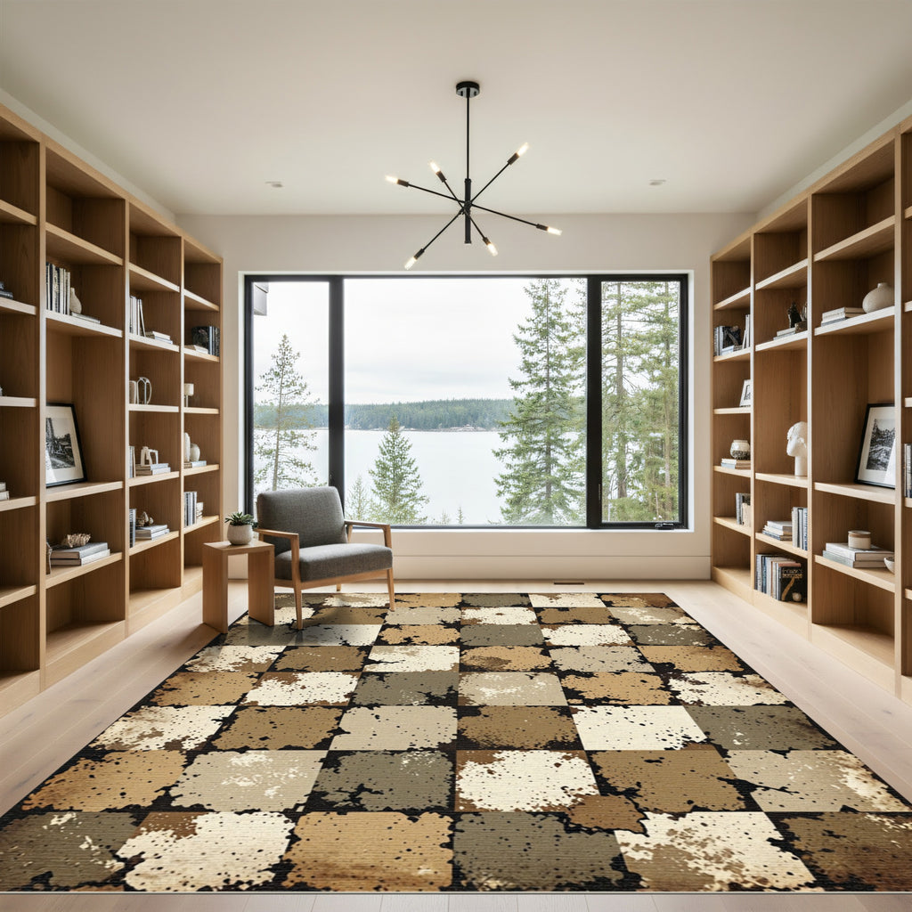 Distressed Earth Tone Checkered Mosaic Rug