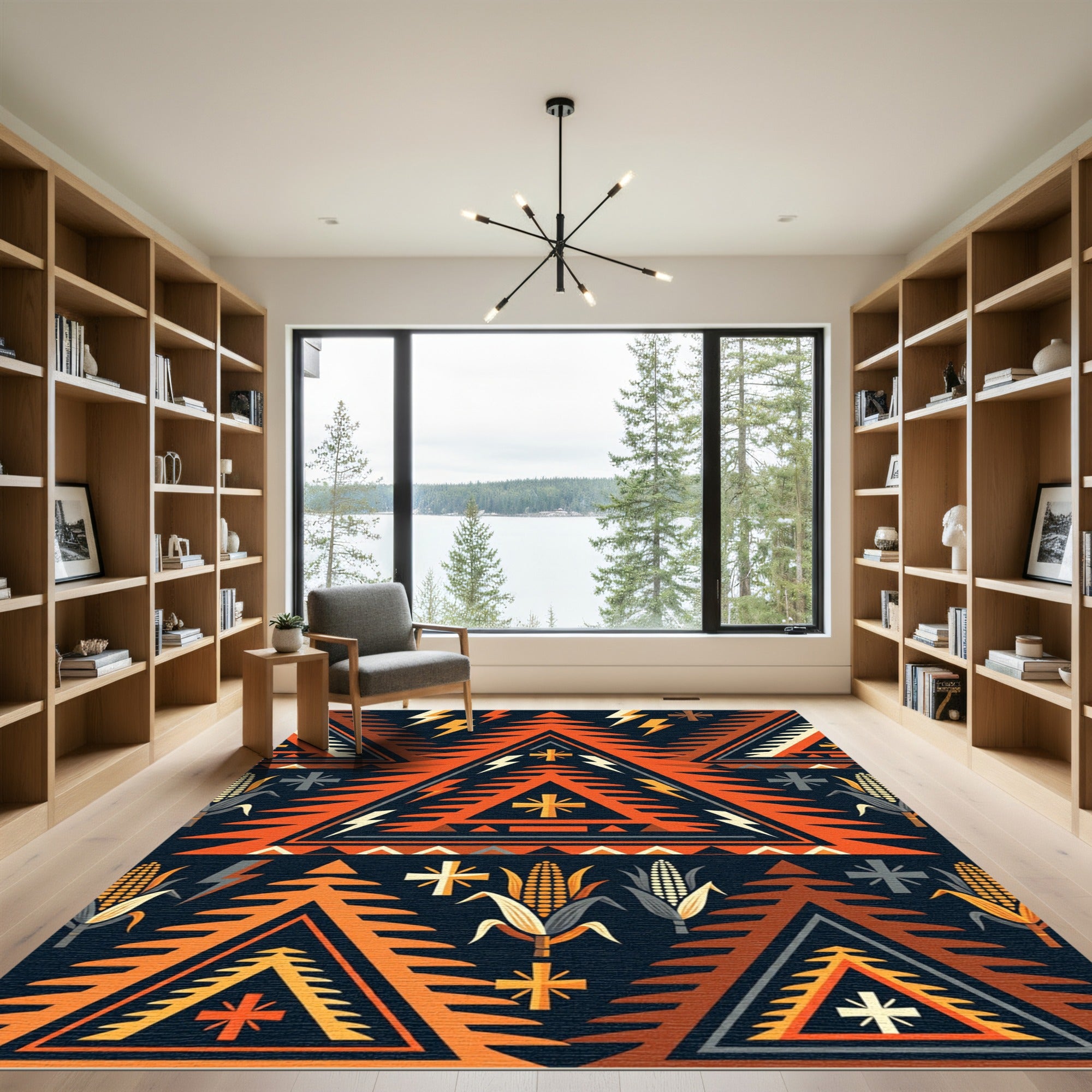 Earthy Orange Geometric Totem Mountain Abstract Rug