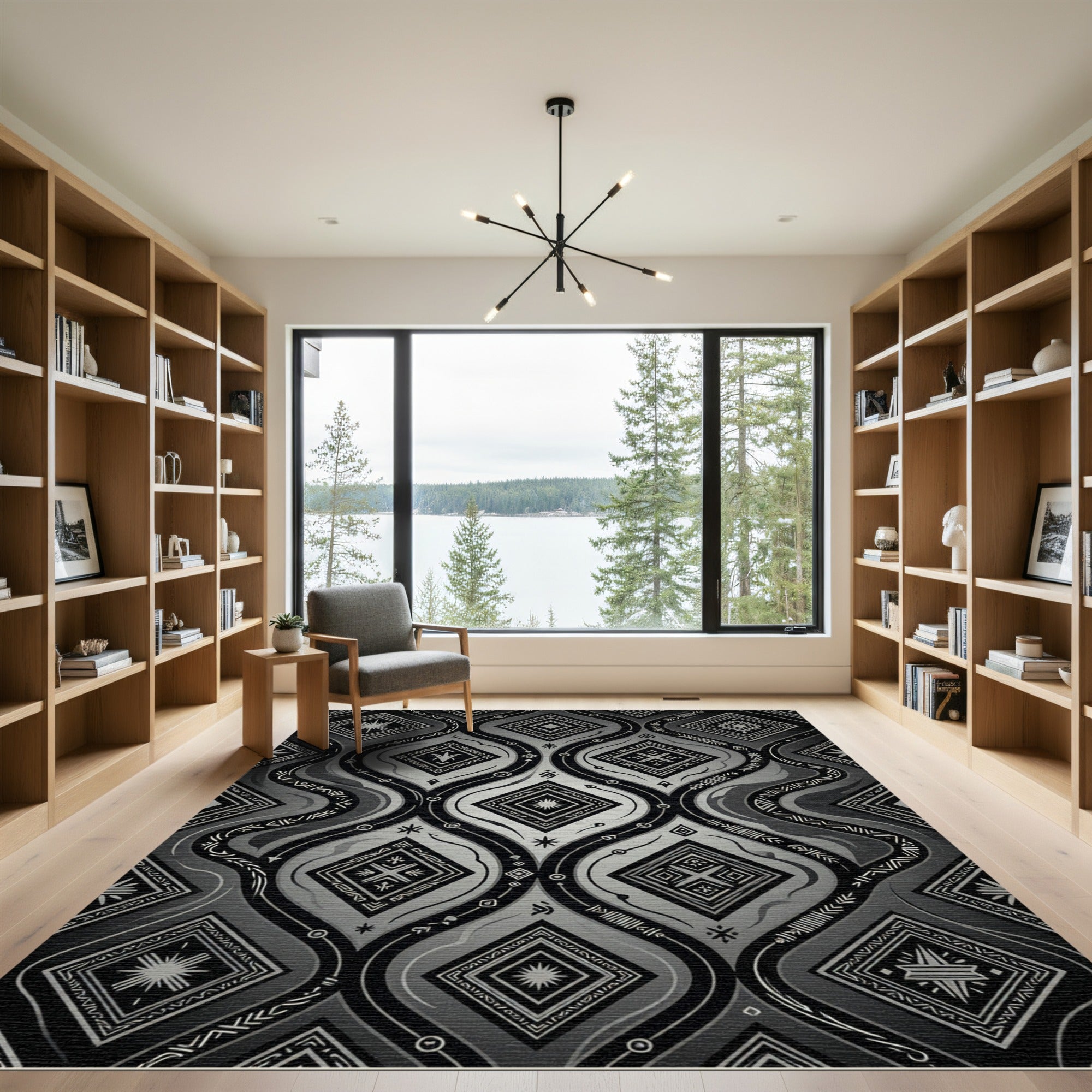 Monochromatic Tribal Geometric Diamond Waves Rug