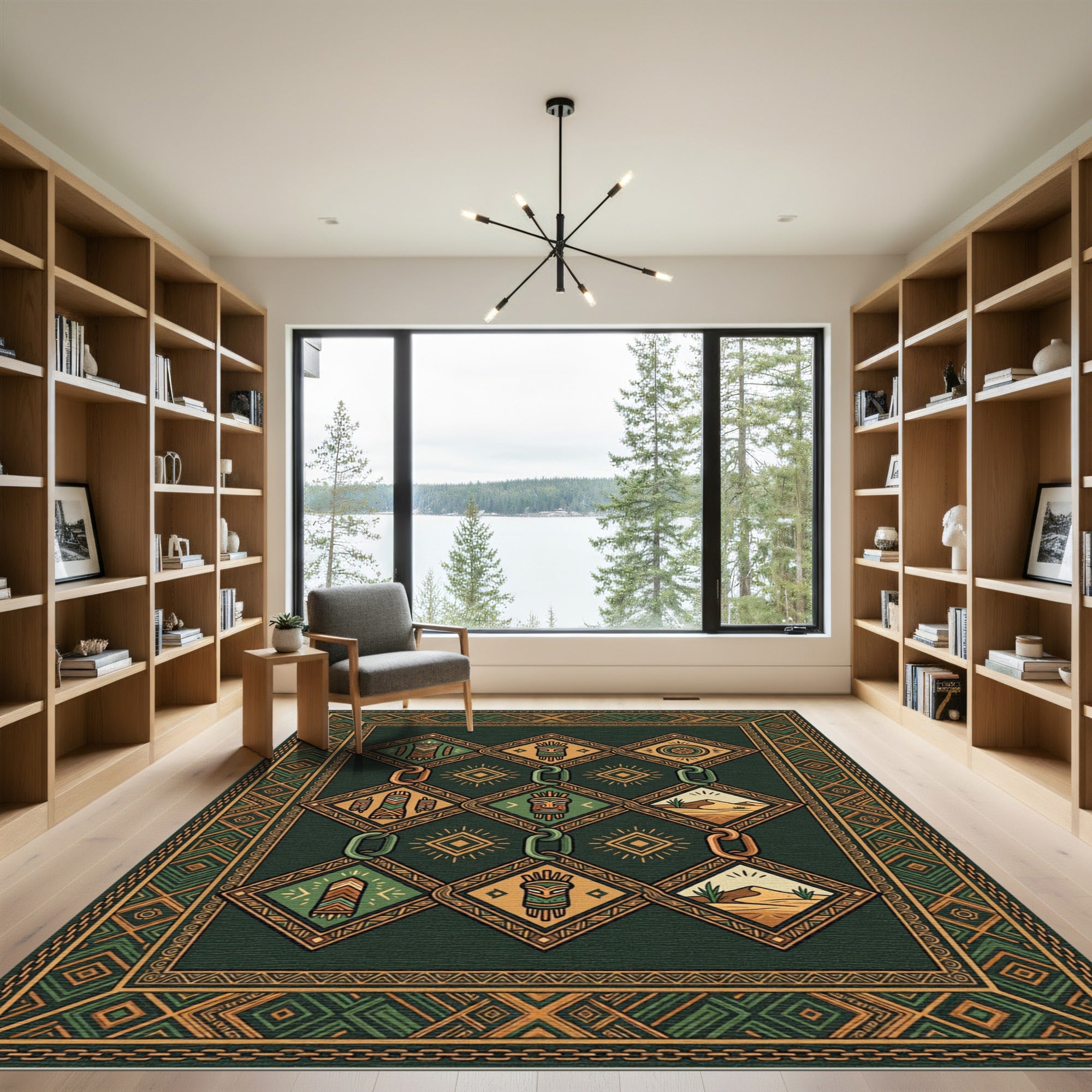 Green Tribal Diamond Mask Desert Rug