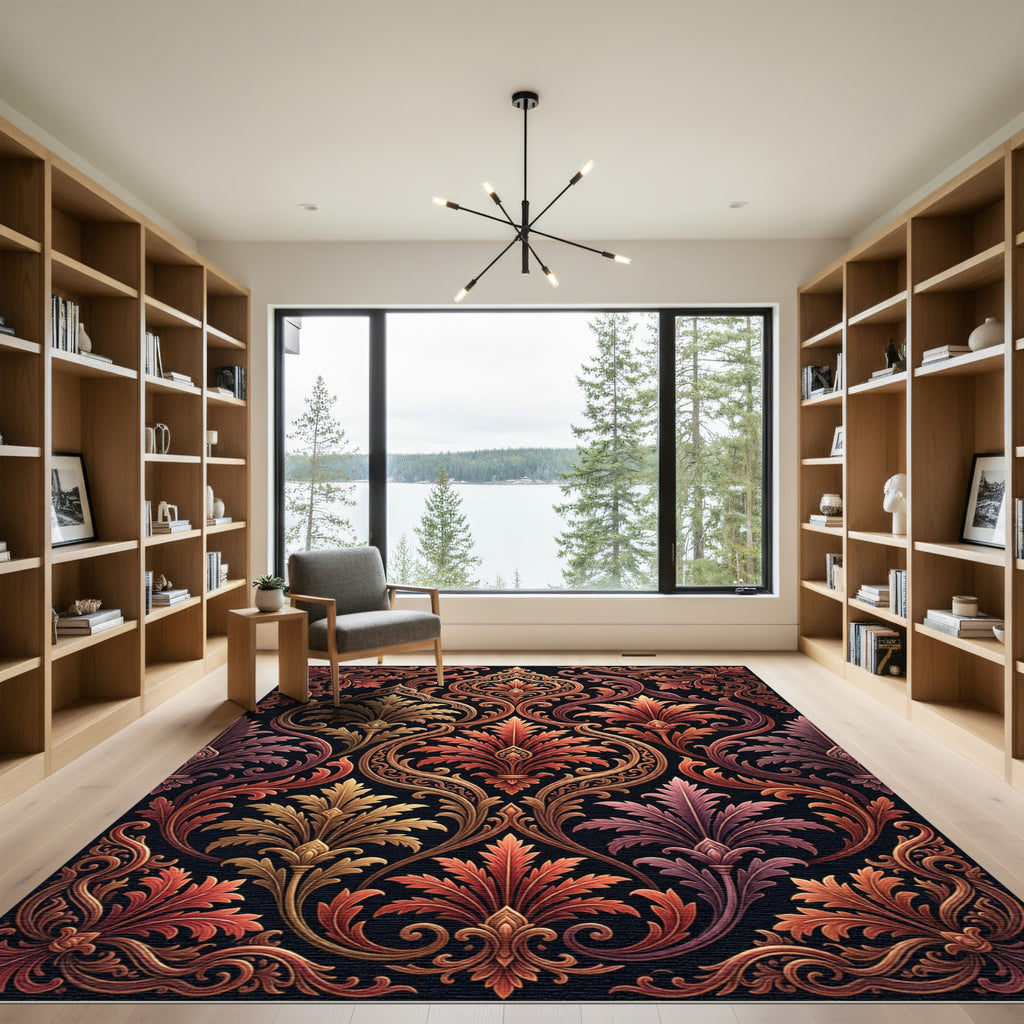 Ornate Crimson Gold Floral Damask Rug