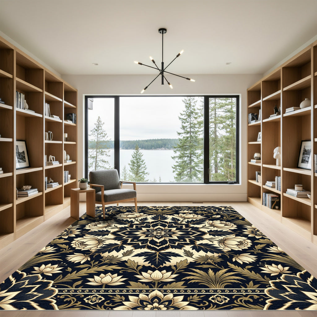 Elegant Gold Cream Floral Medallion Rug