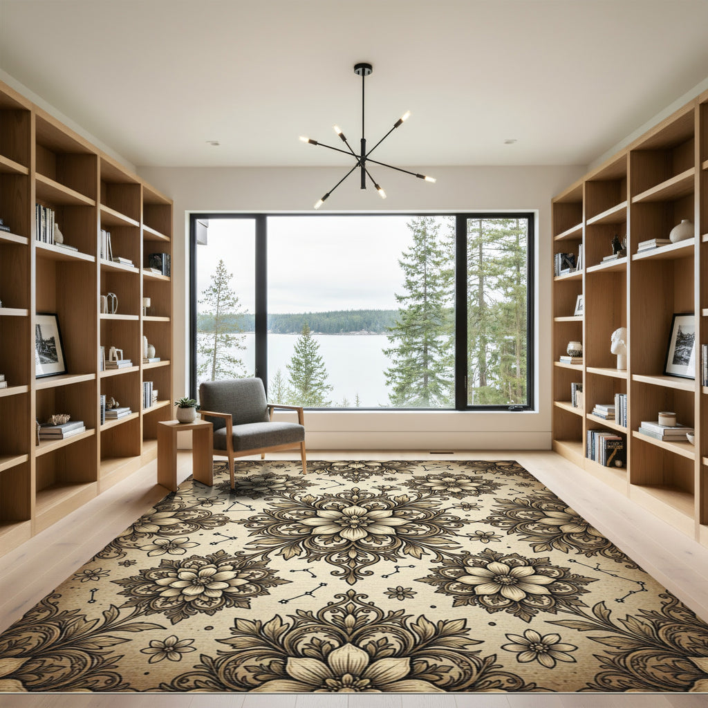 Celestial Sepia Floral Damask Area Rug
