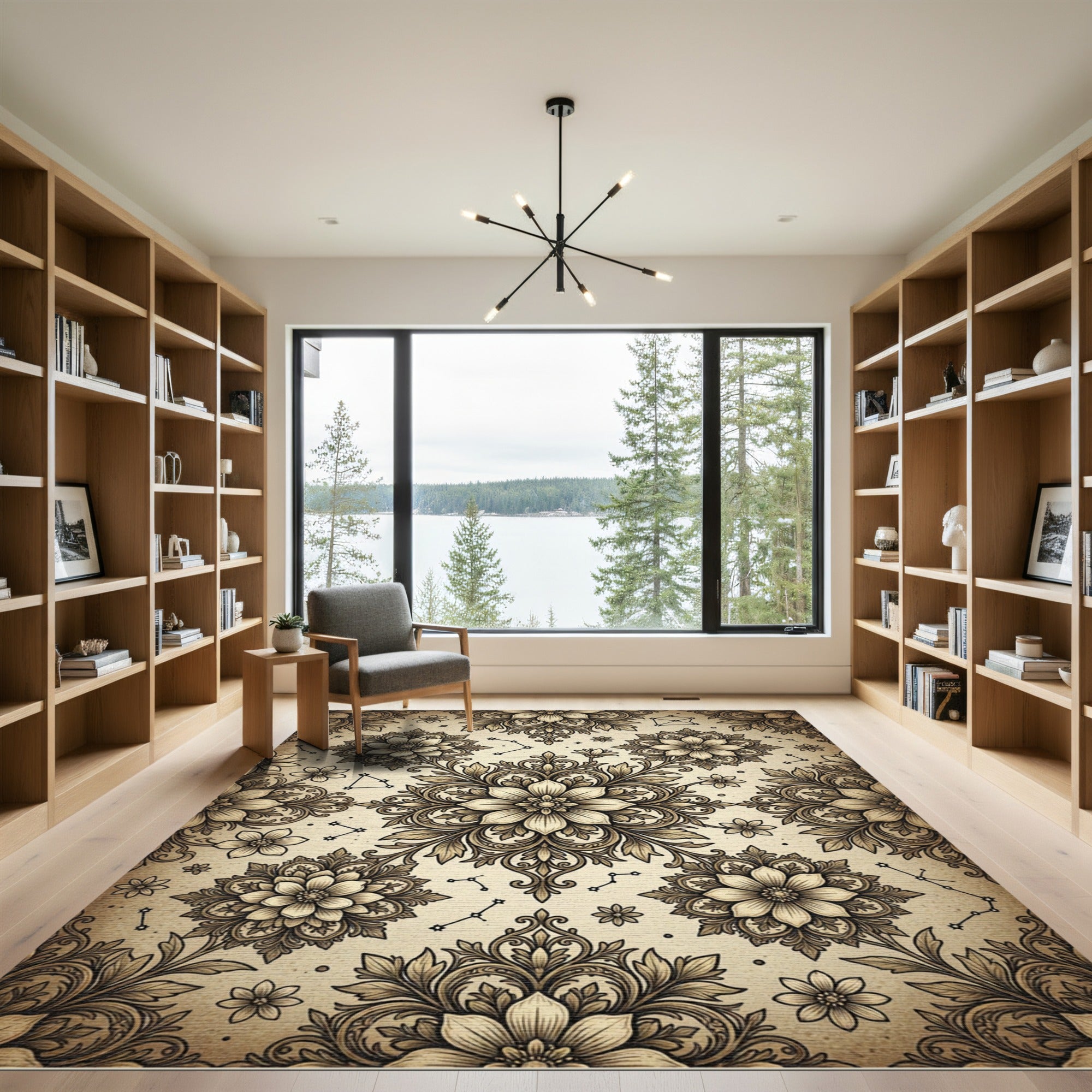 Celestial Sepia Floral Damask Area Rug