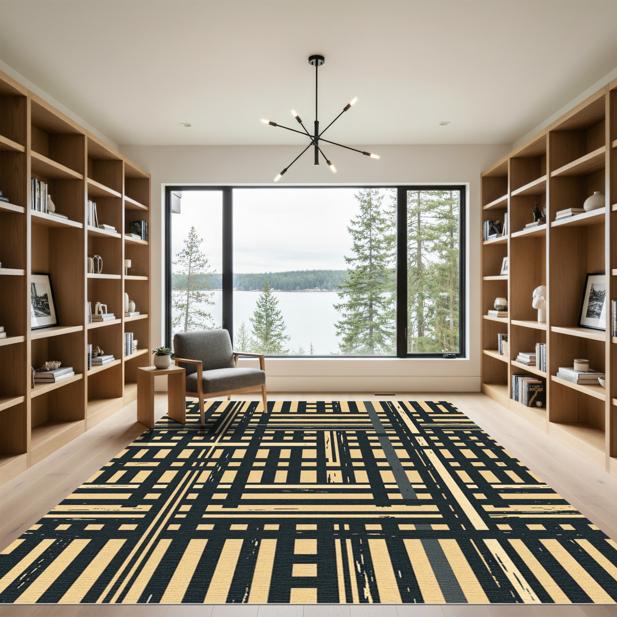 Earthy Tan Black Interlocking Plaid Rug