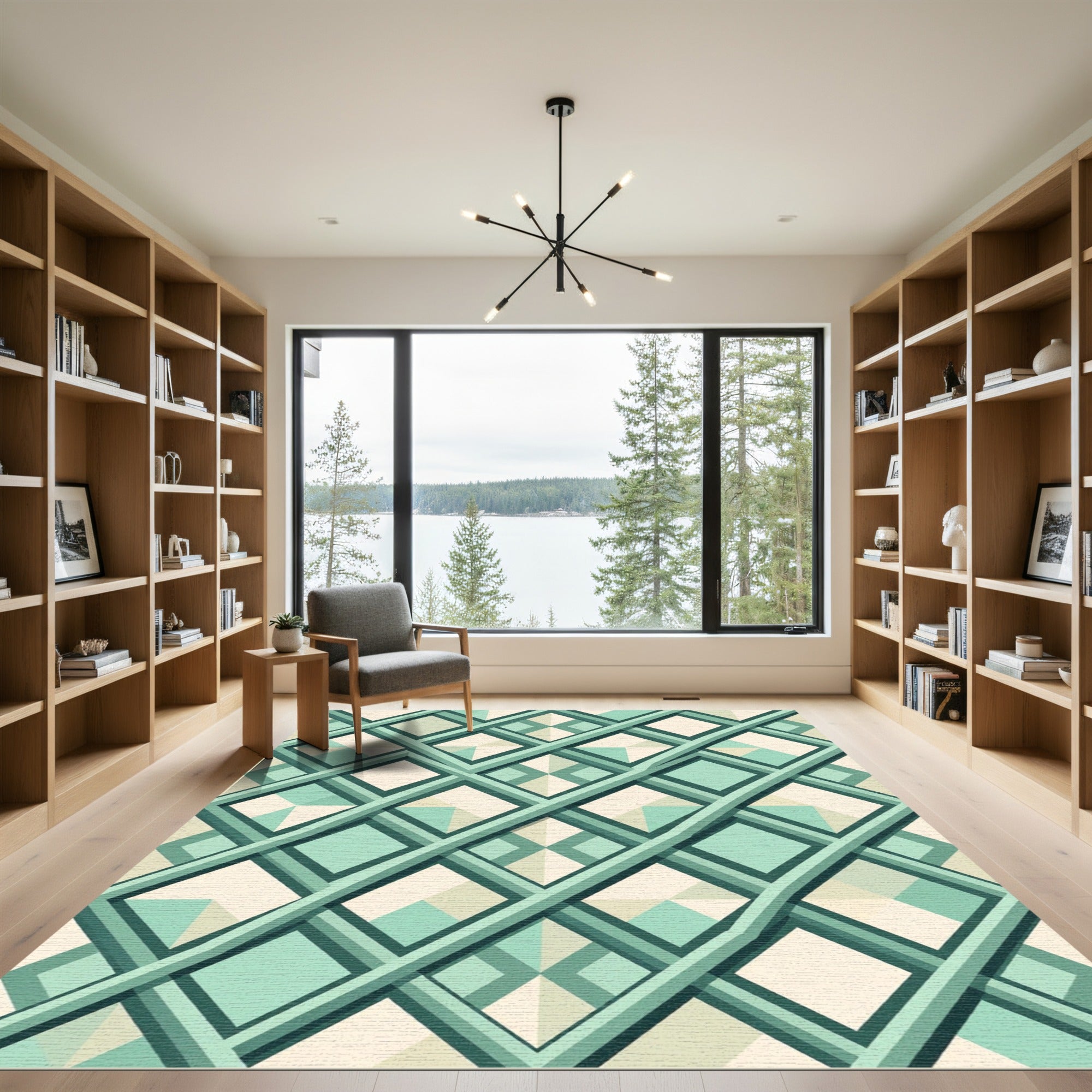 Sage Geometric Interlocking Grid Lattice Rug