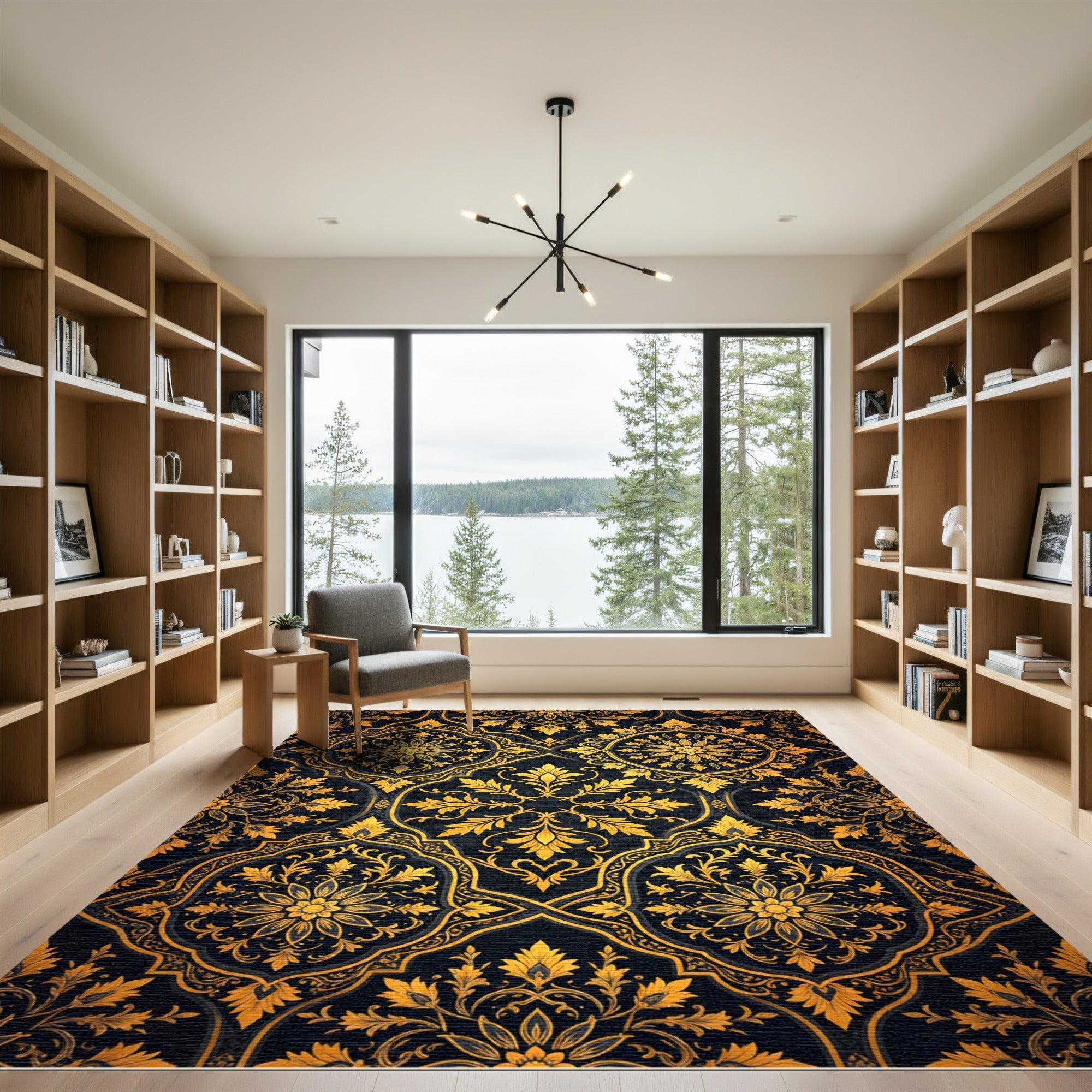 Elegant Gold Foliage Midnight Damask Rug