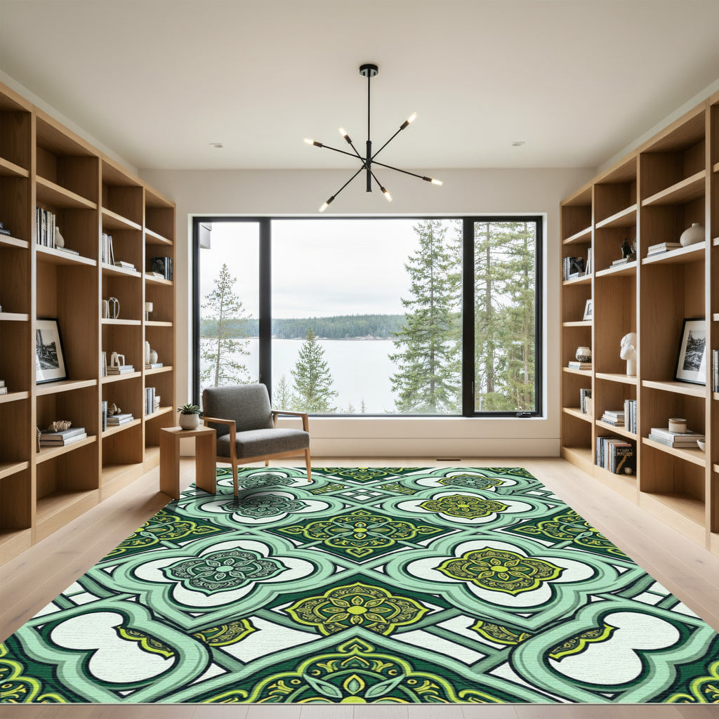 Elegant Emerald Quatrefoil Geometric Tile Rug