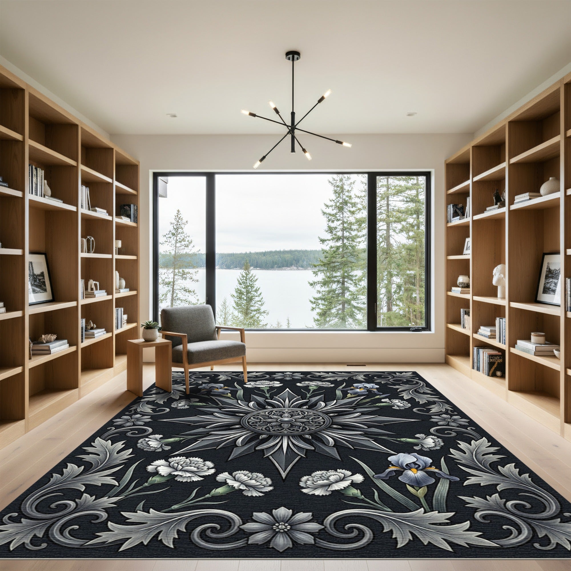 Monochrome Silver Floral Iris Medallion Rug