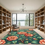 Vintage Peach Camellia Teal Botanical Rug