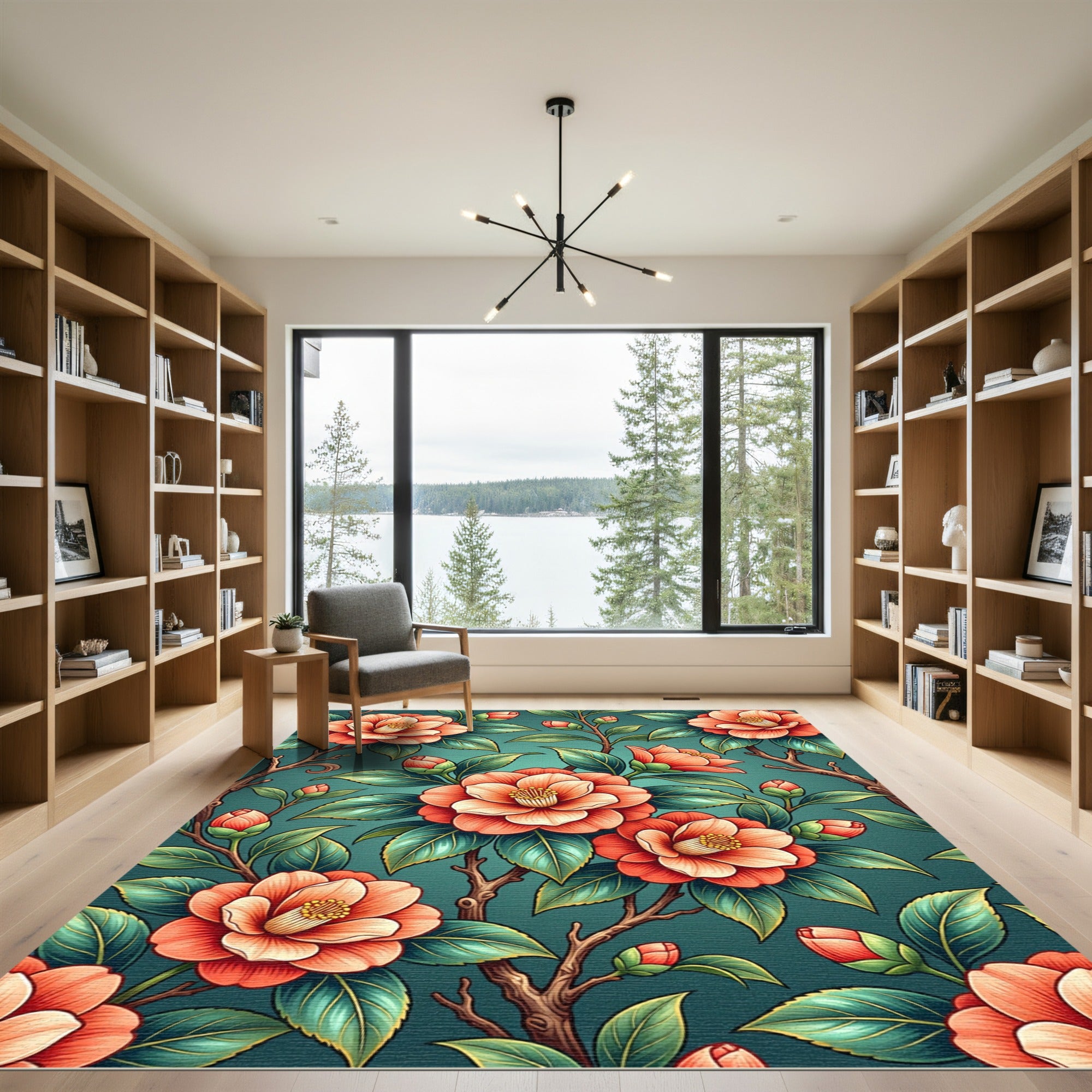 Vintage Peach Camellia Teal Botanical Rug