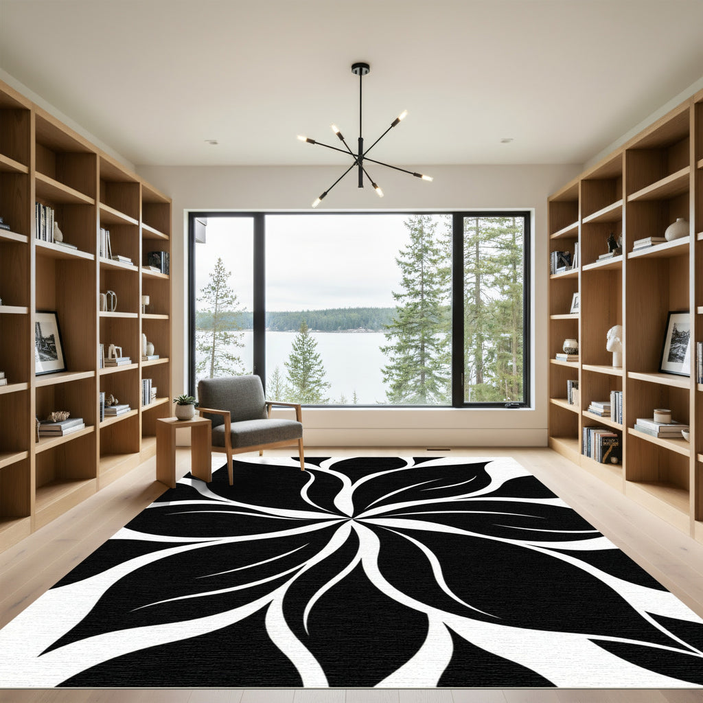 Bold Black and White Floral Swirl Rug
