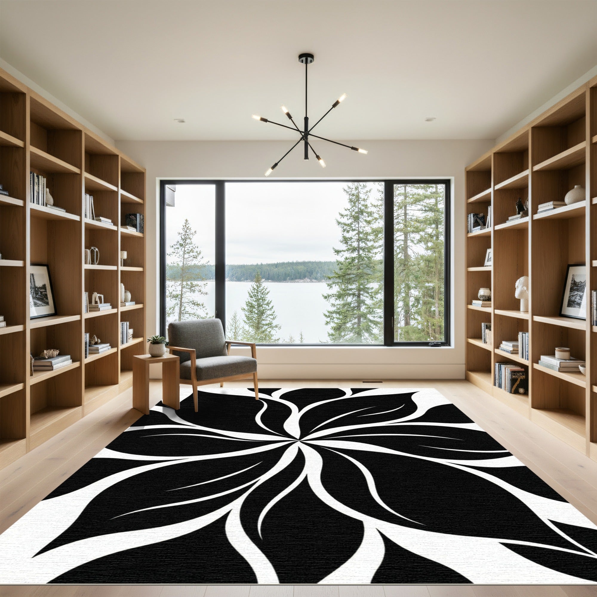 Bold Black and White Floral Swirl Rug