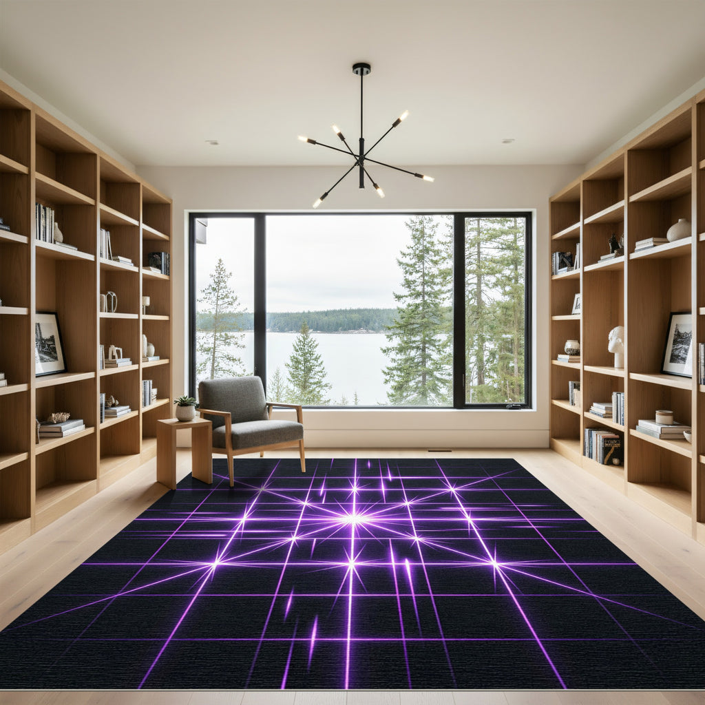 Glowing Radiant Violet Geometric Grid Rug