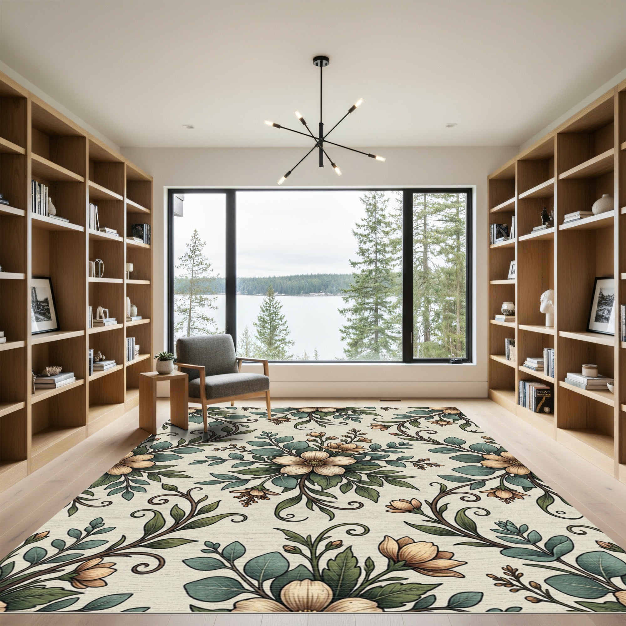 Elegant Sage Cream Botanical Floral Bloom Rug