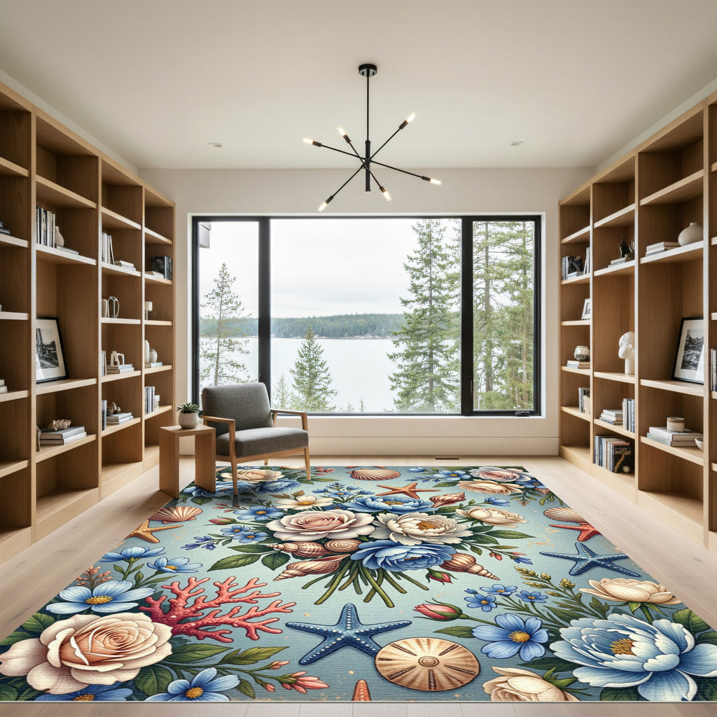 Coastal Floral Bouquet with Seashells Rug