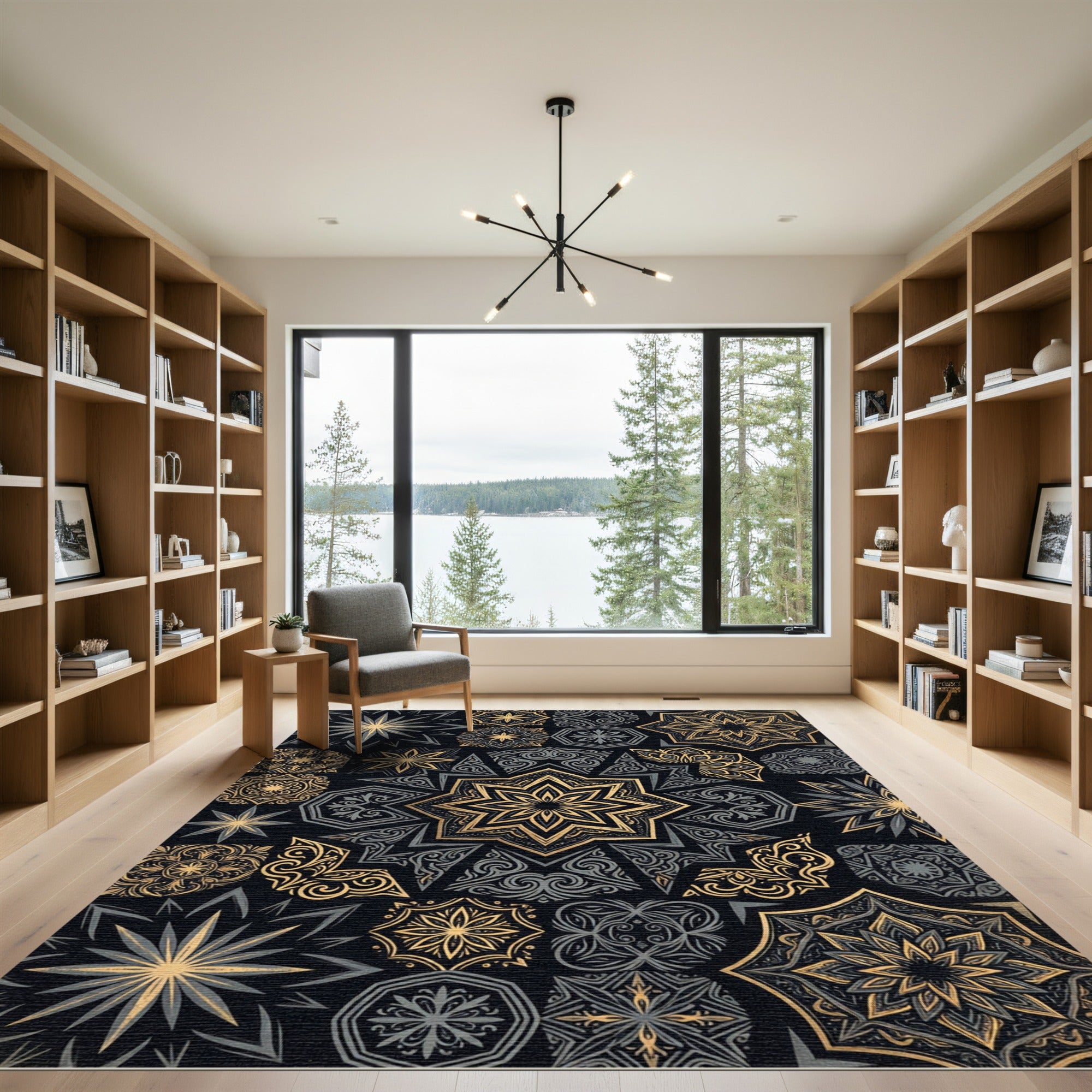 Gold Black Mandala Starburst Collection Rug