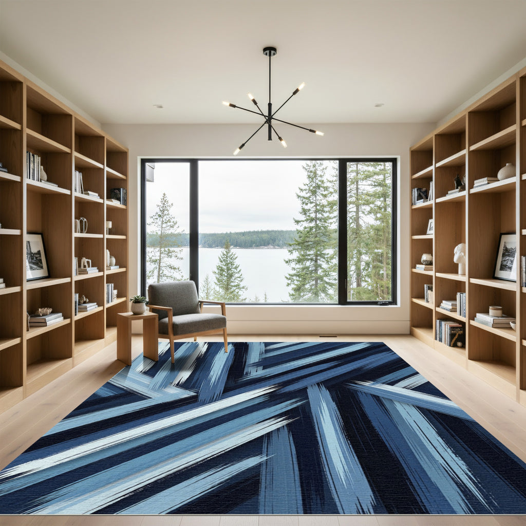 Deep Blue Brushstroke Stripe Composition Rug