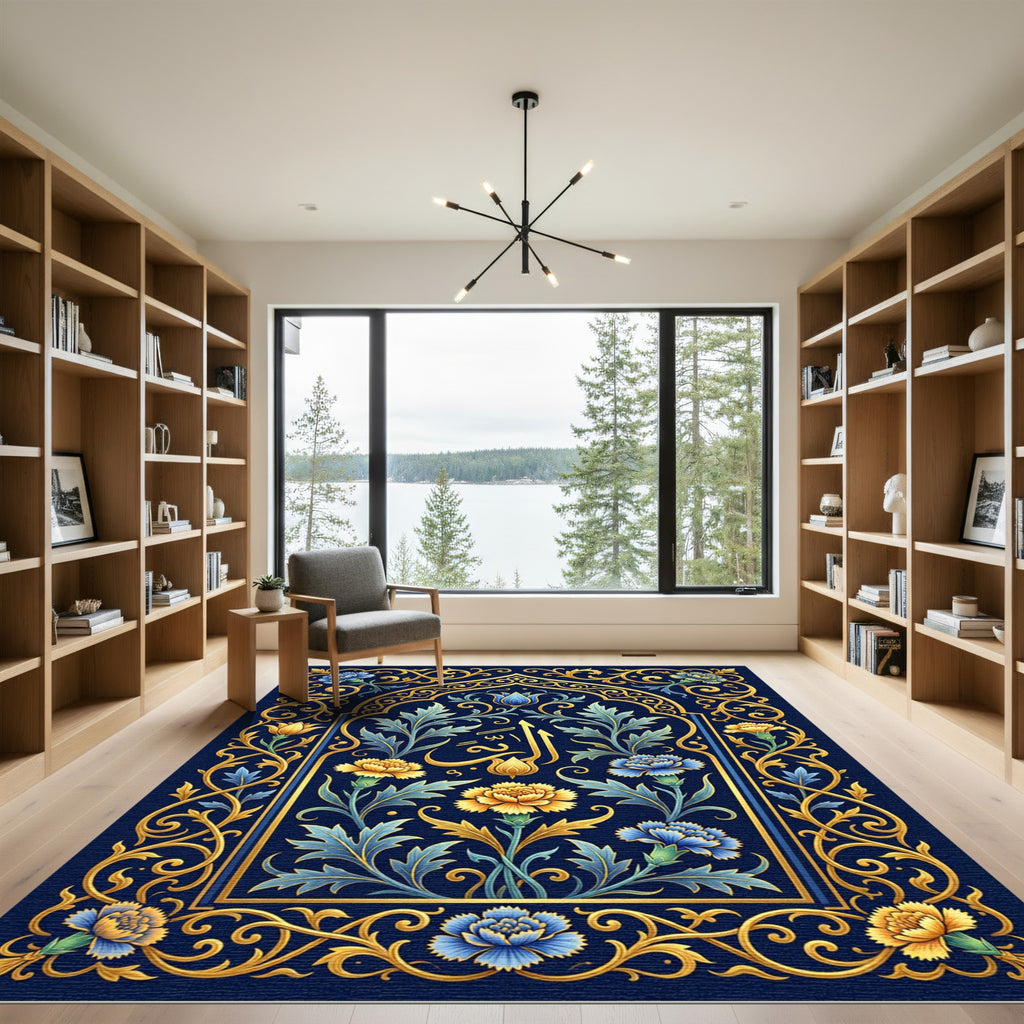 Gilded Floral Navy Arabesque Medallion Rug