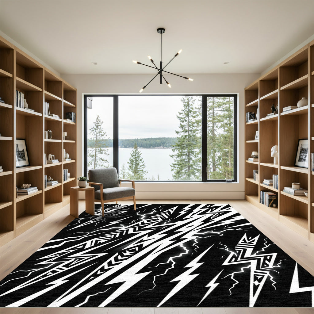 Bold Monochrome Tribal Lightning Bolt Graphic Rug