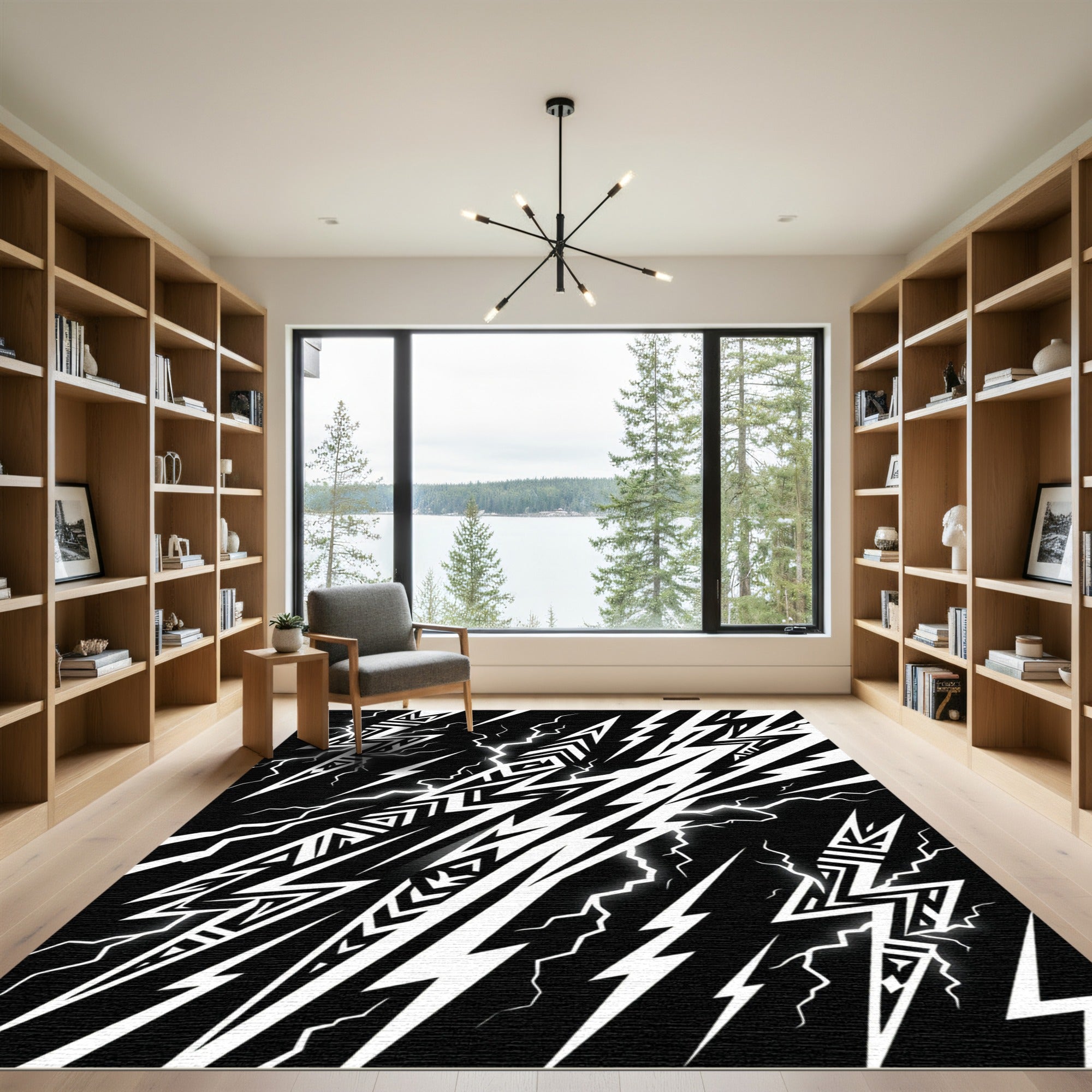 Bold Monochrome Tribal Lightning Bolt Graphic Rug