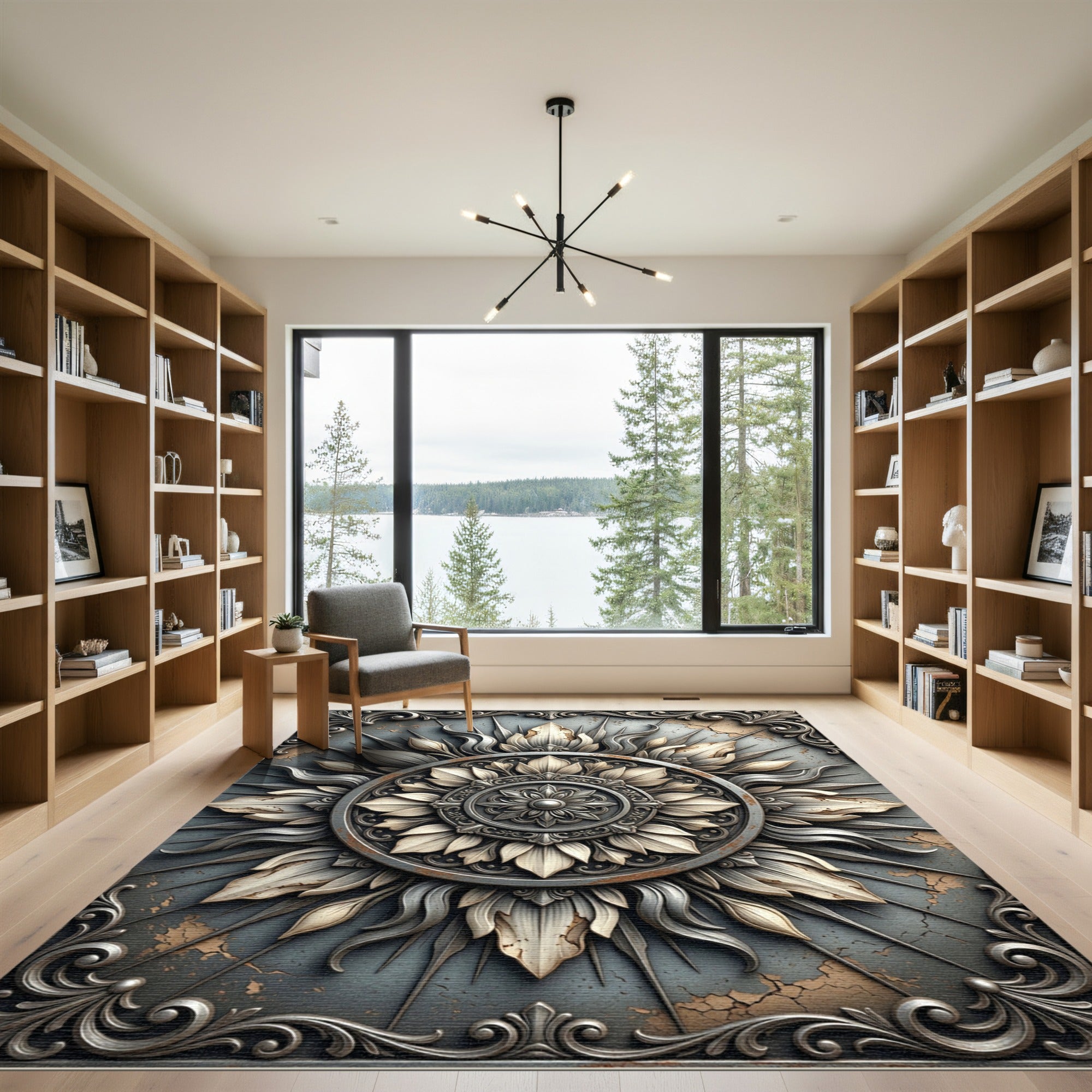 Metallic Silver Ornate Floral Medallion Rug