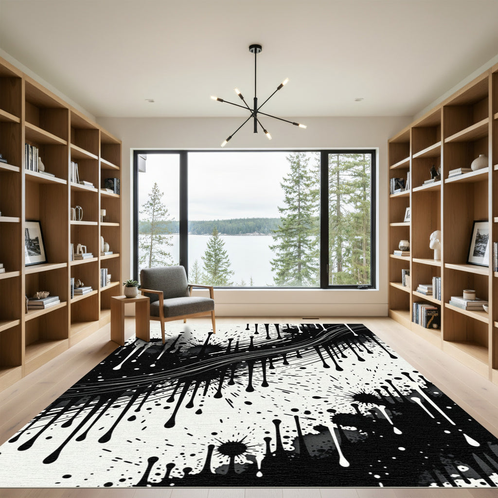 Abstract Drip Splatter Black White Rug
