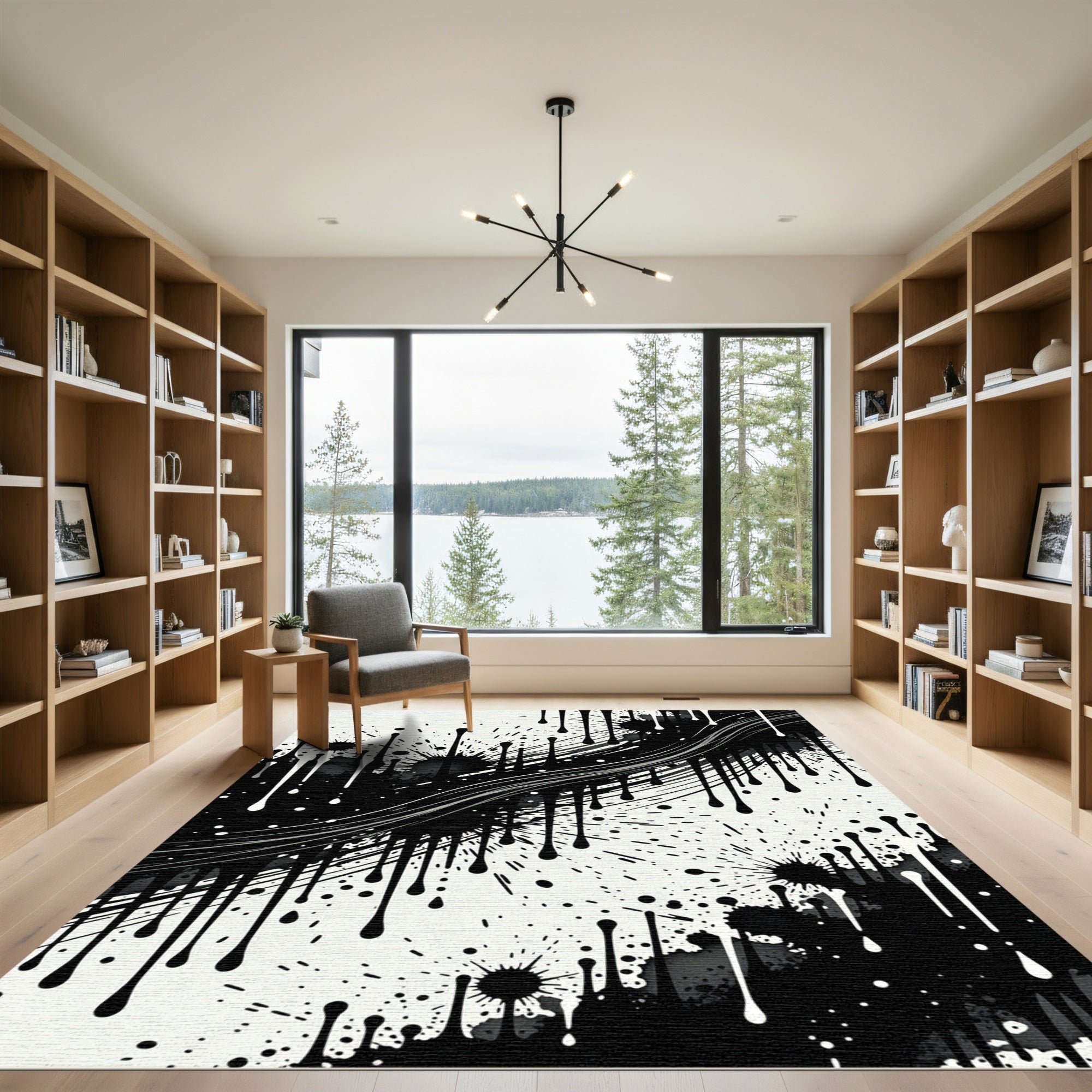 Abstract Drip Splatter Black White Rug
