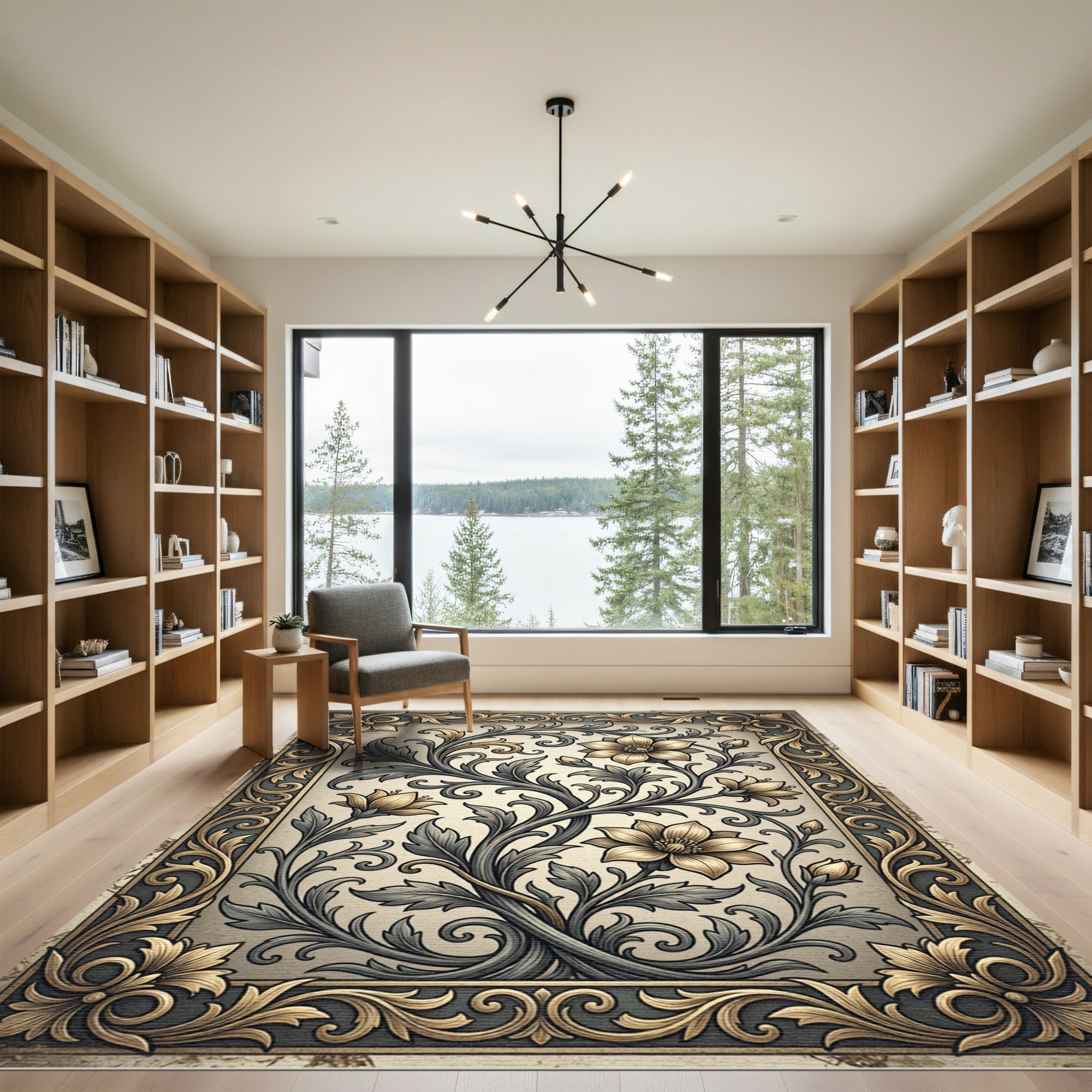 Golden Floral Scroll Enclosed Frame Rug