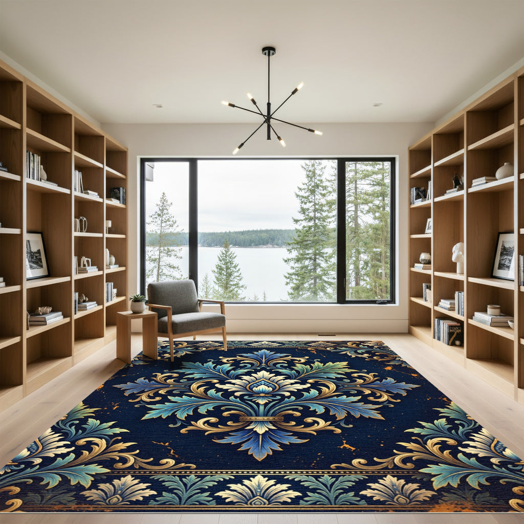 Royal Blue Gold Ornate Damask Acolyte Rug