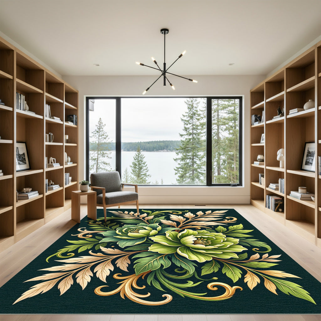 Elegant Sage Floral Botanical Scroll Rug