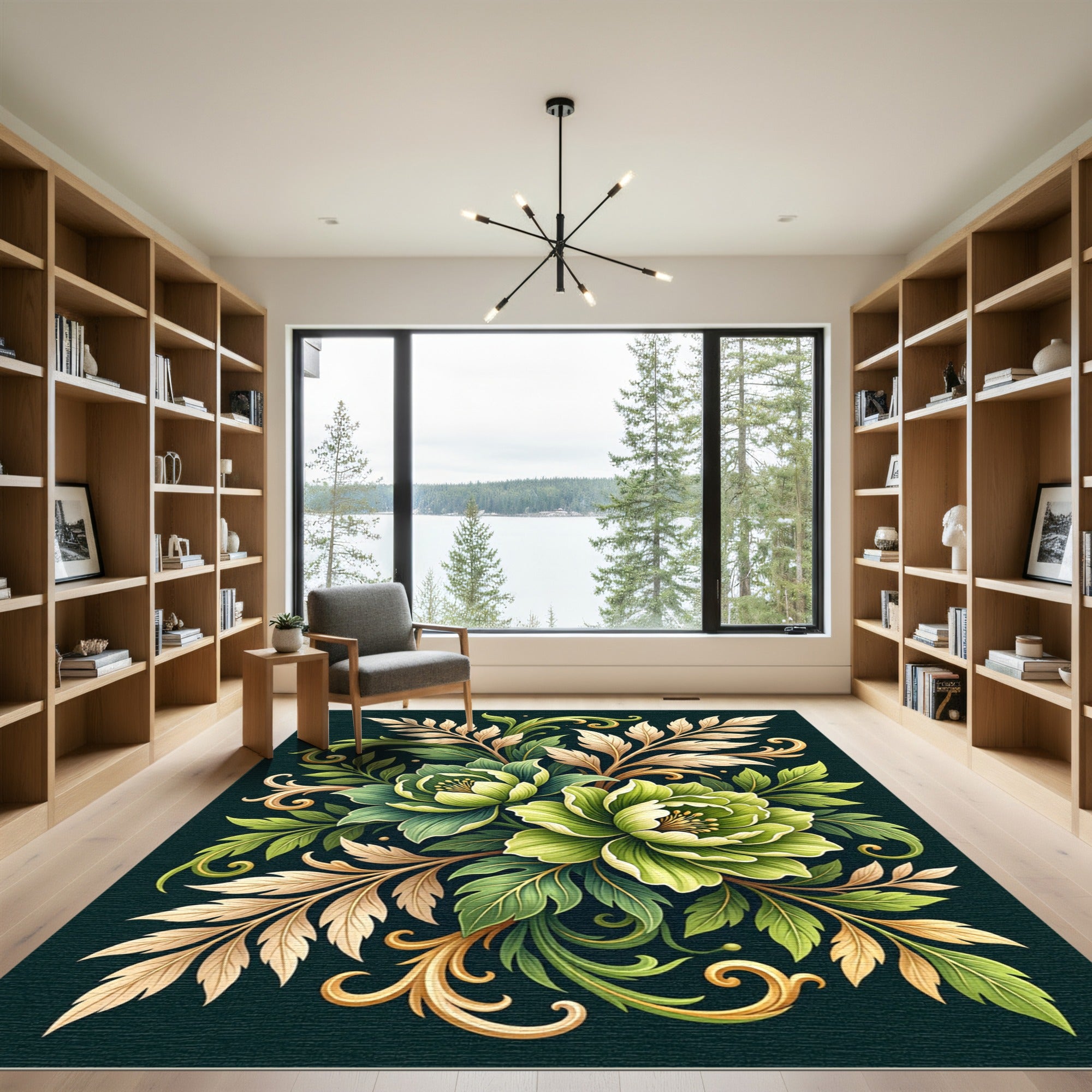 Elegant Sage Floral Botanical Scroll Rug