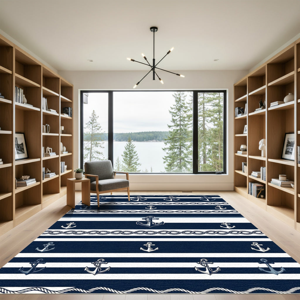 Navy Nautical Anchor Rope Striped Rug