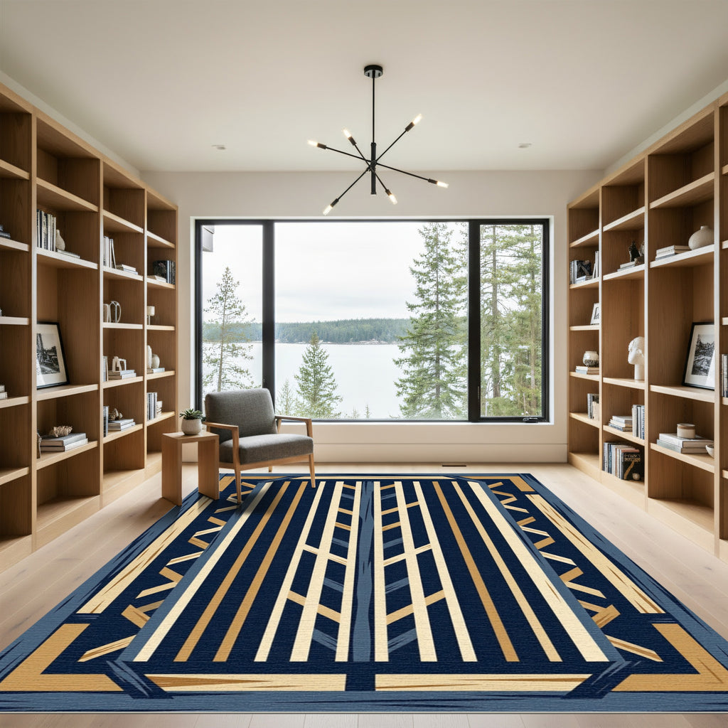 Navy Gold Rustic Wood Plaid Rug