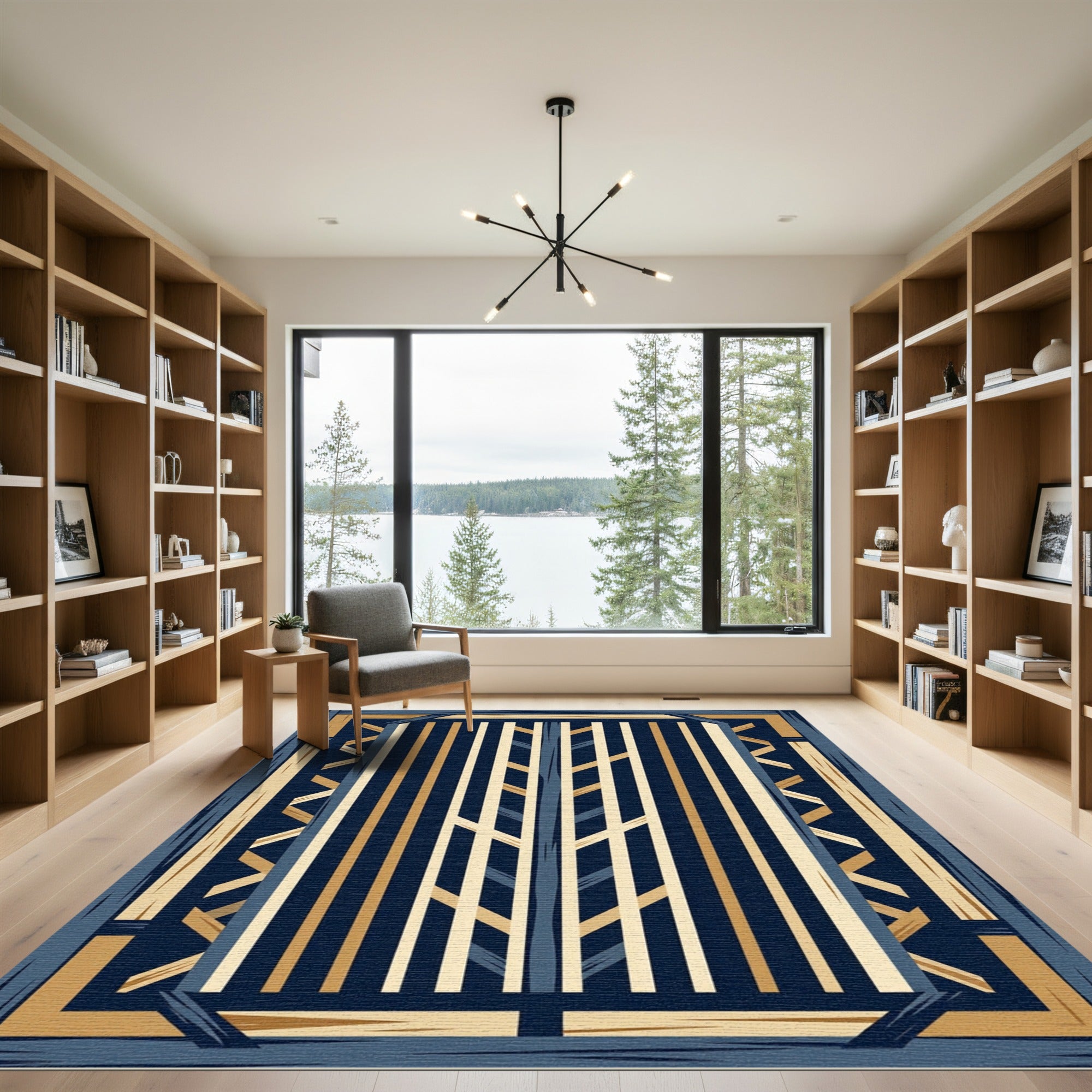 Navy Gold Rustic Wood Plaid Rug