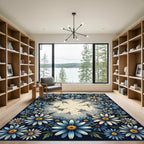 Blue Daisy Floral Botanical Border Rug