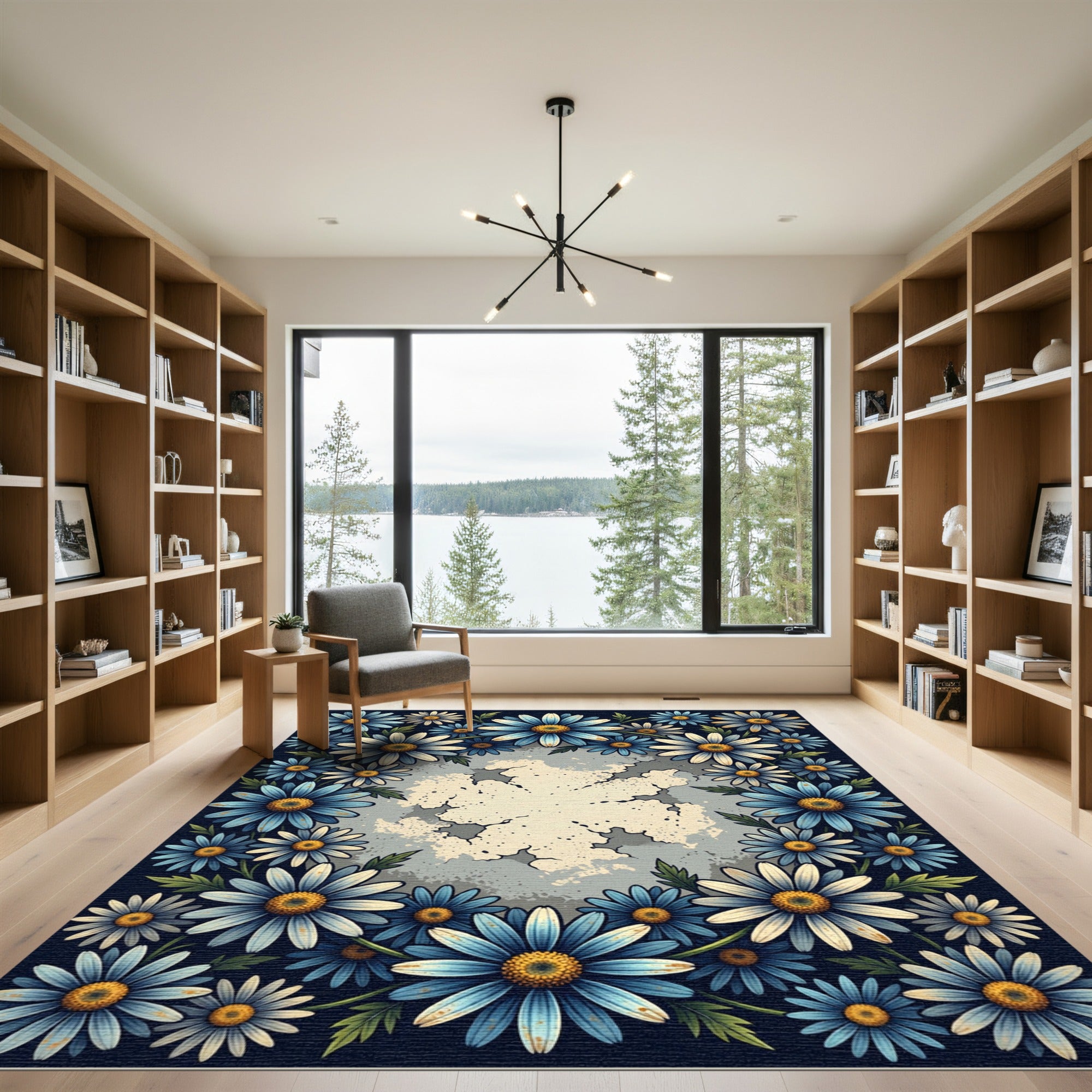 Blue Daisy Floral Botanical Border Rug