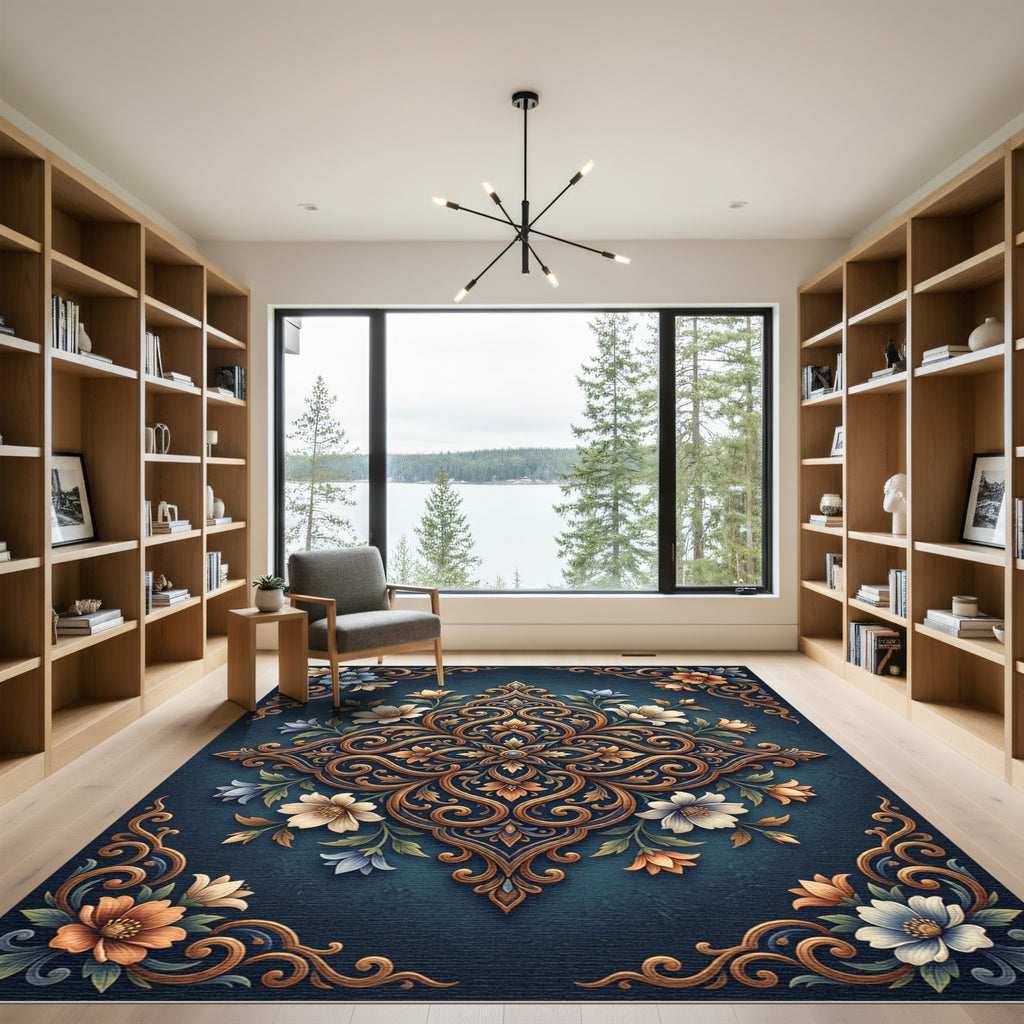 Ornate Teal Golden Floral Medallion Rug